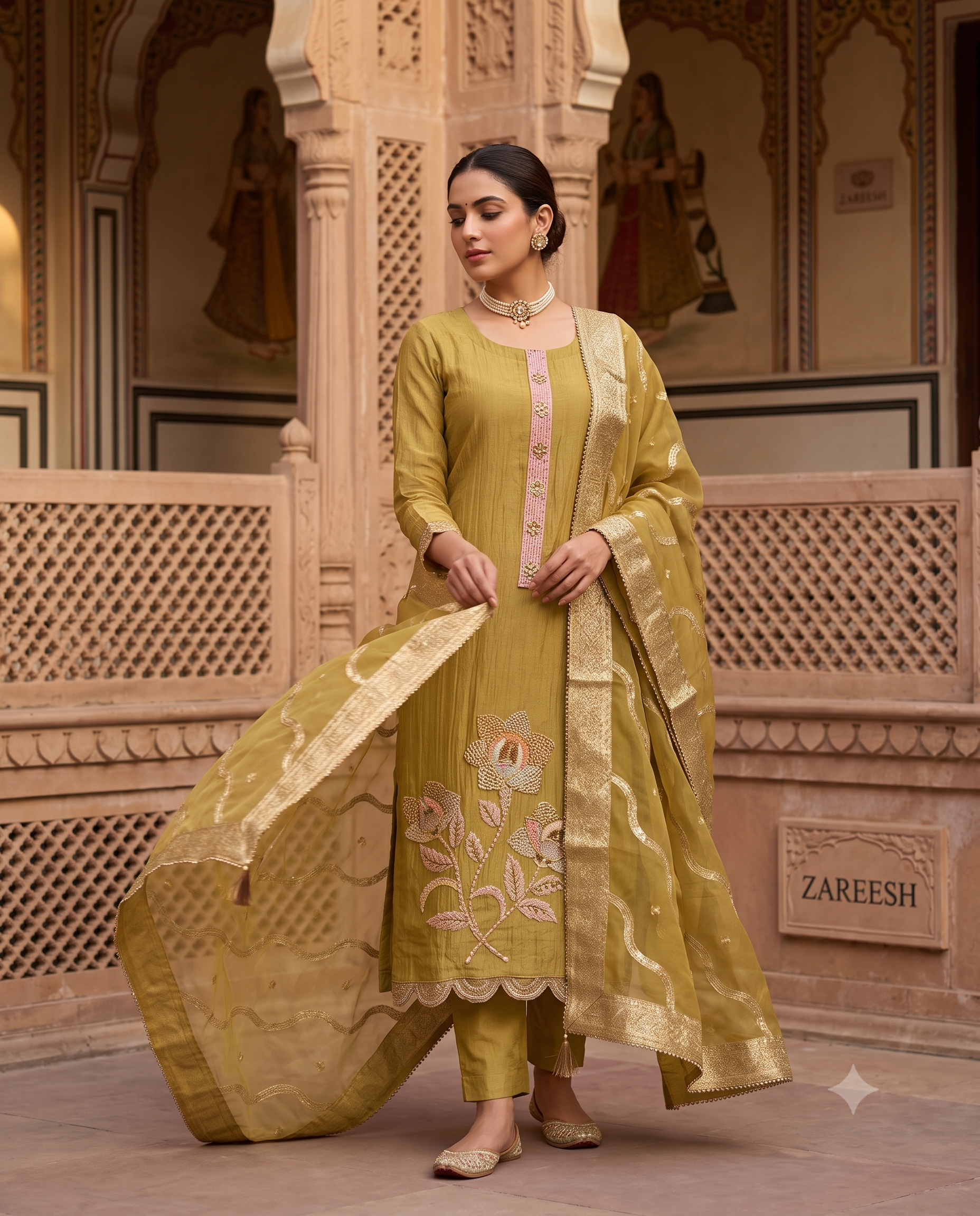 Olive Gold Crushed Tissue Unstitched Suit | Sequin and Cutdana Hemline | Broad Gota Border & Banarasi Dupatta Women's Suit