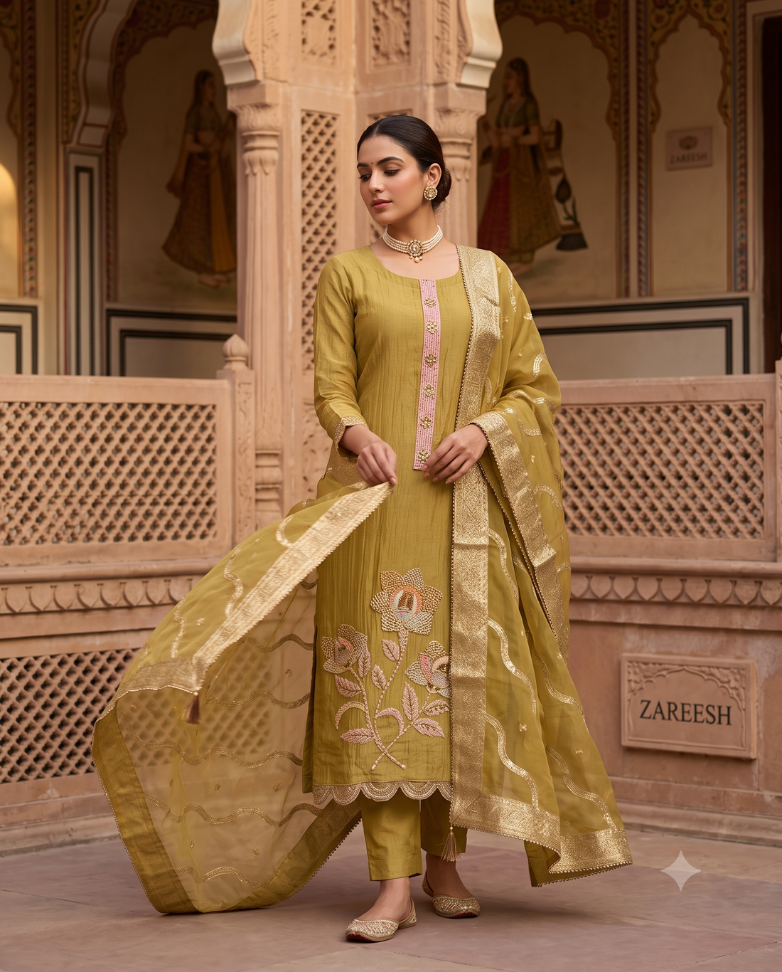 Olive Gold Crushed Tissue Unstitched Suit | Sequin and Cutdana Hemline | Broad Gota Border & Banarasi Dupatta Women's Suit