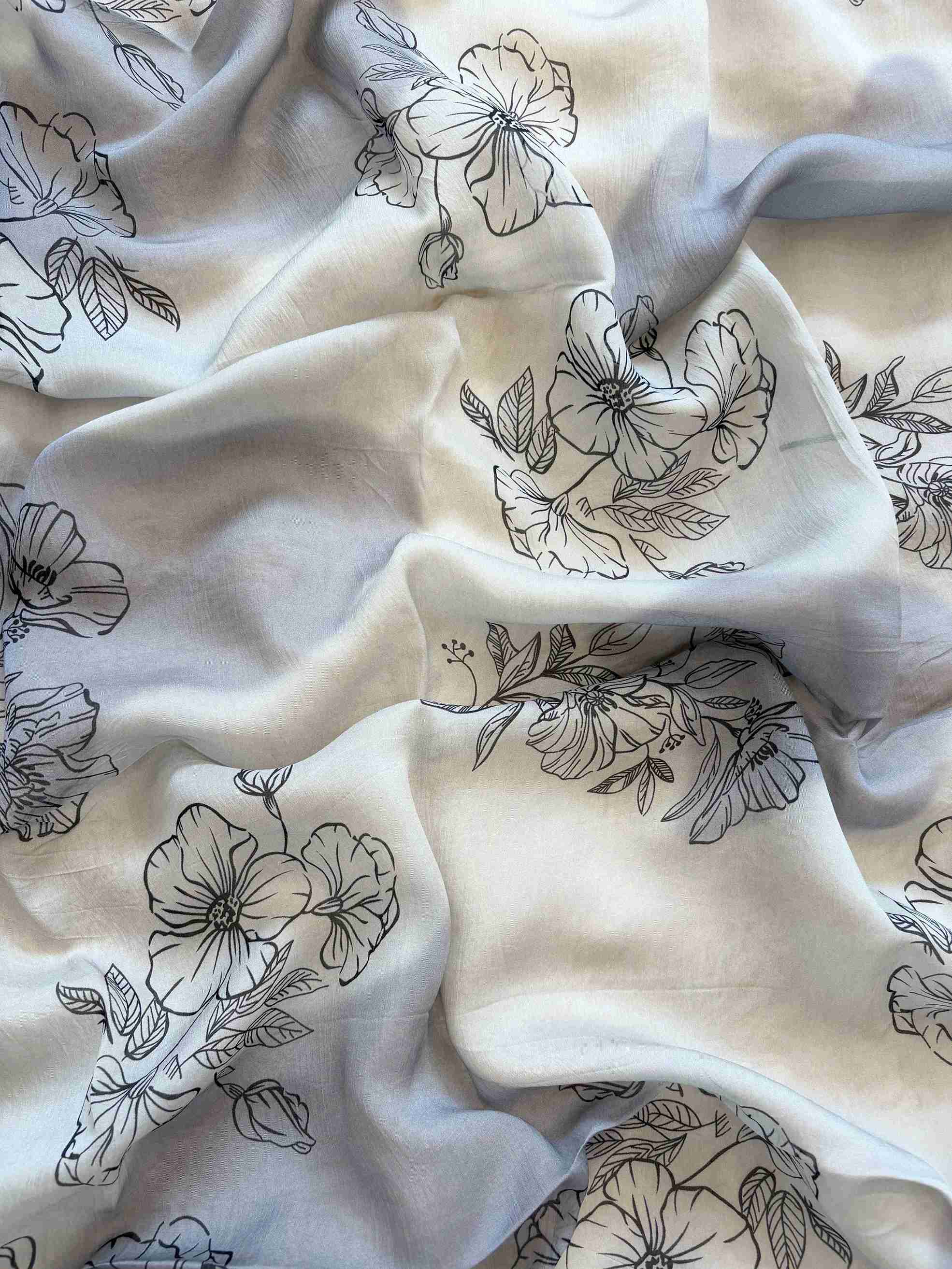 Grey organza unstitched suit with embroidered neckline and floral dupatta