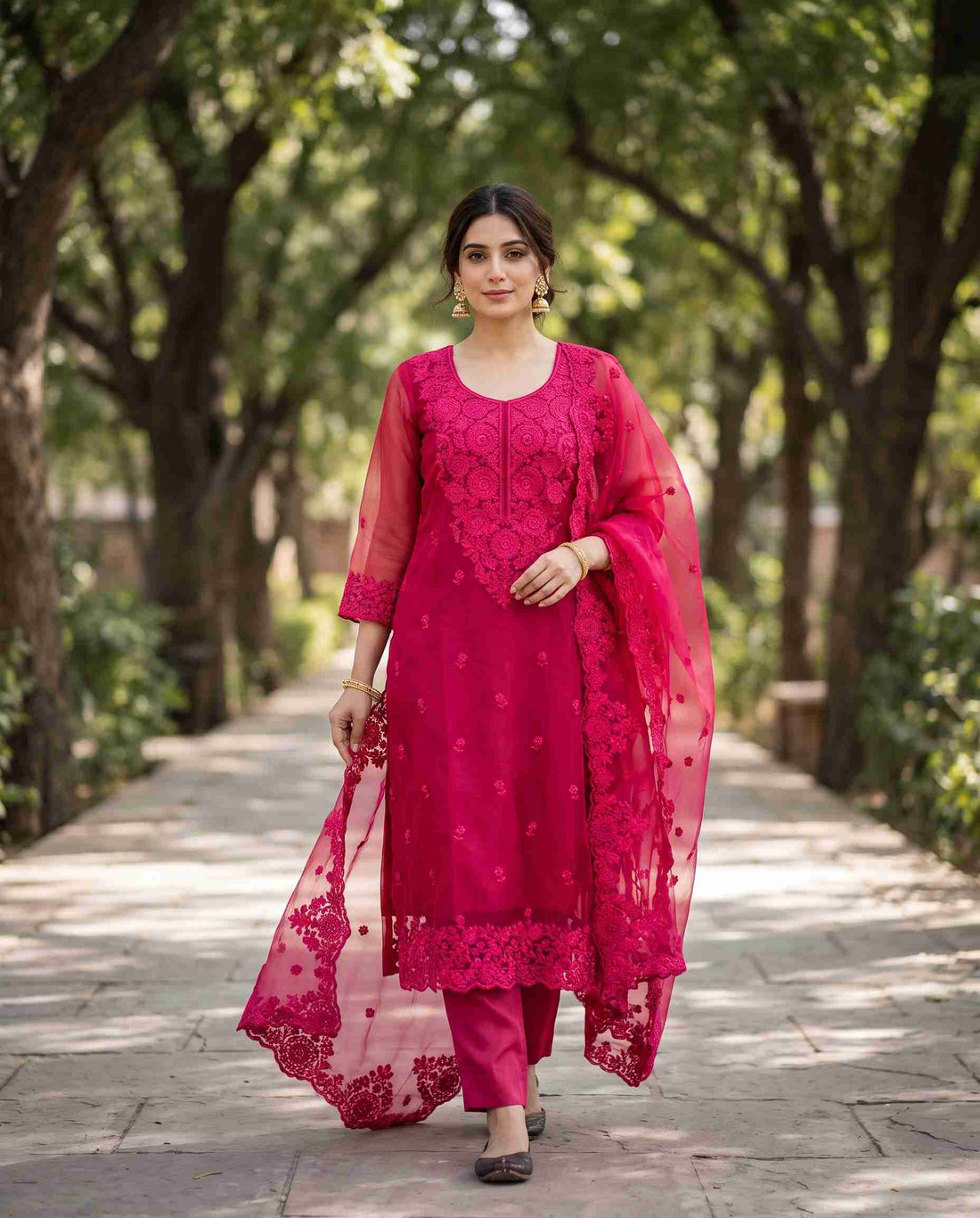 HOT PINK glass organza unstitched suit with monotone thread embroidery and scalloped cutwork border dupatta