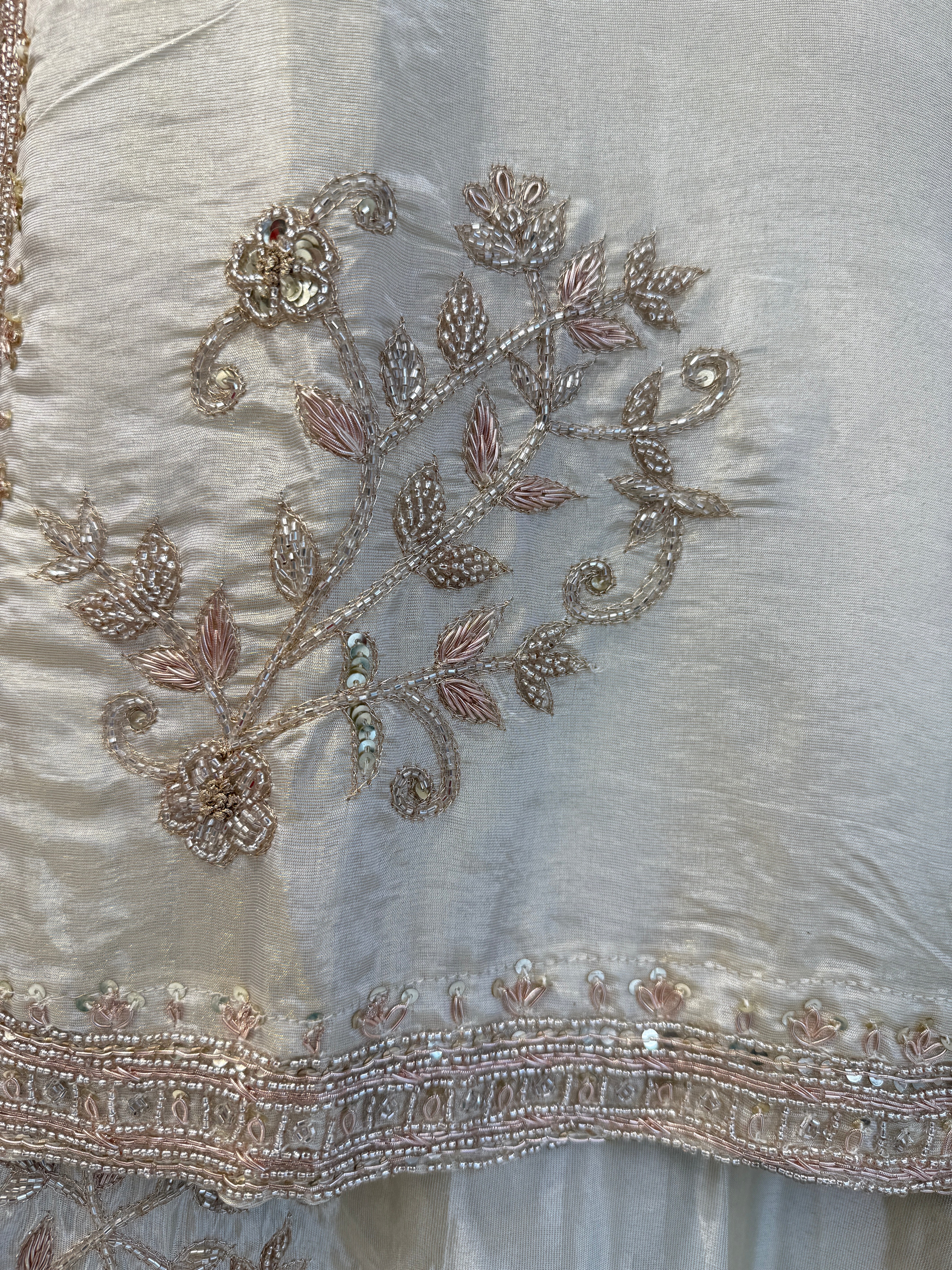 Ivory Silk Embroidered Suit Set with Gold Zari and Beadwork | 3 Piece Kurta Palazzo Dupatta Set