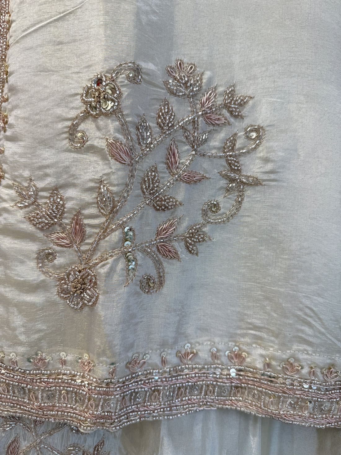 Ivory Silk Embroidered Suit Set with Gold Zari and Beadwork | 3 Piece Kurta Palazzo Dupatta Set