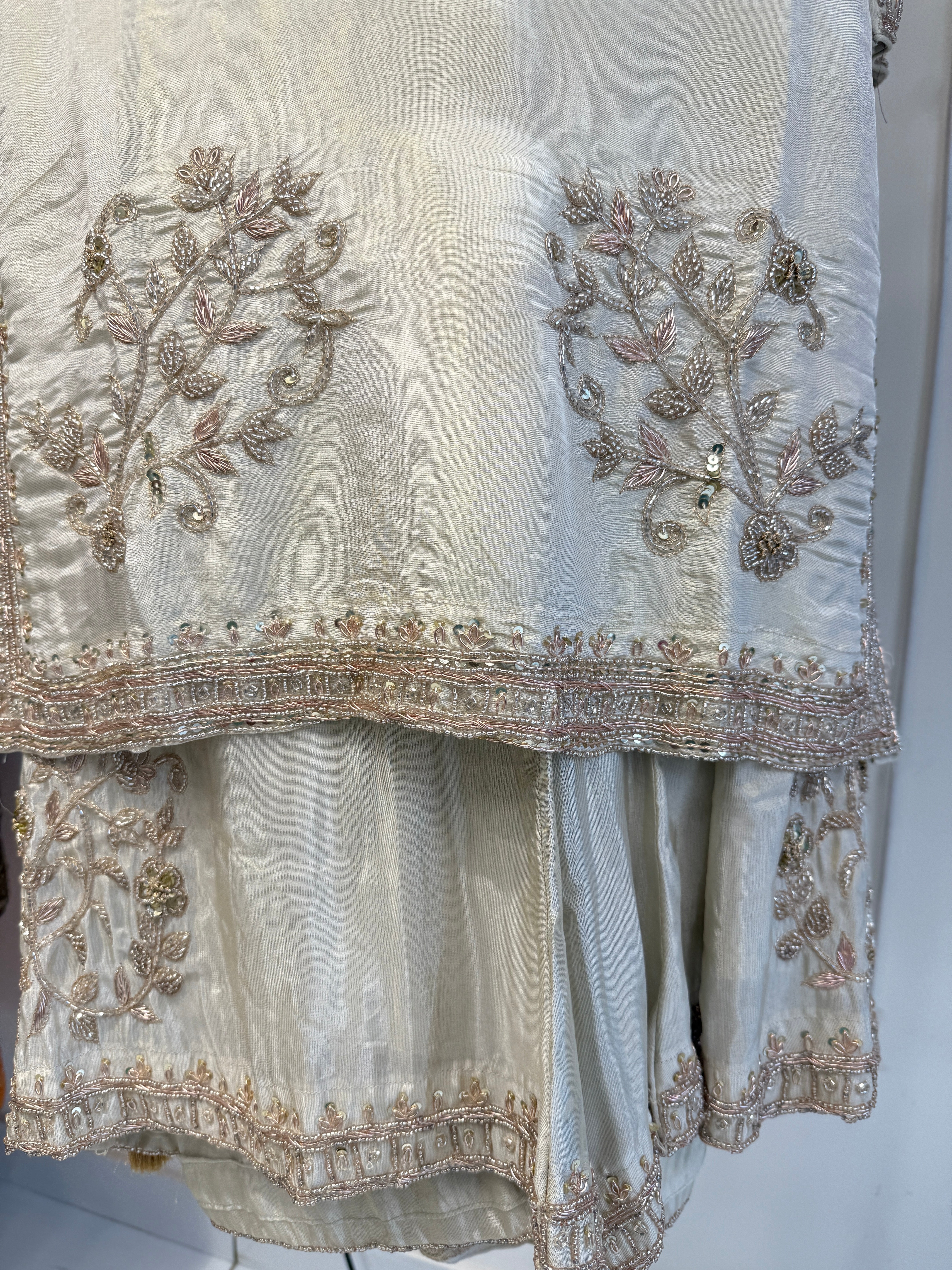 Ivory Silk Embroidered Suit Set with Gold Zari and Beadwork | 3 Piece Kurta Palazzo Dupatta Set