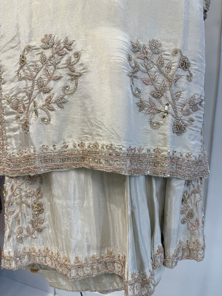 Ivory Silk Embroidered Suit Set with Gold Zari and Beadwork | 3 Piece Kurta Palazzo Dupatta Set