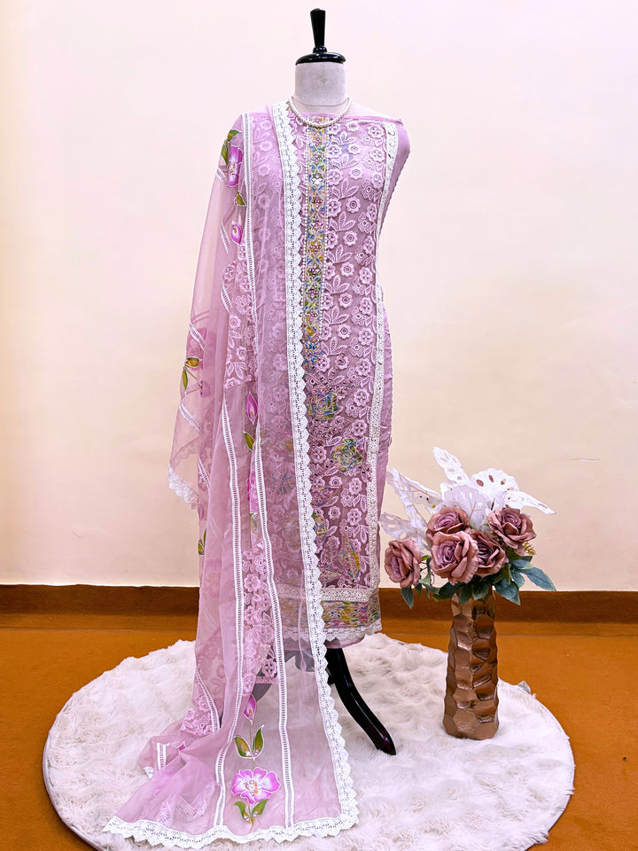 Lilac Garden: Lace Embroidered Suit with Hand-Painted Dupatta