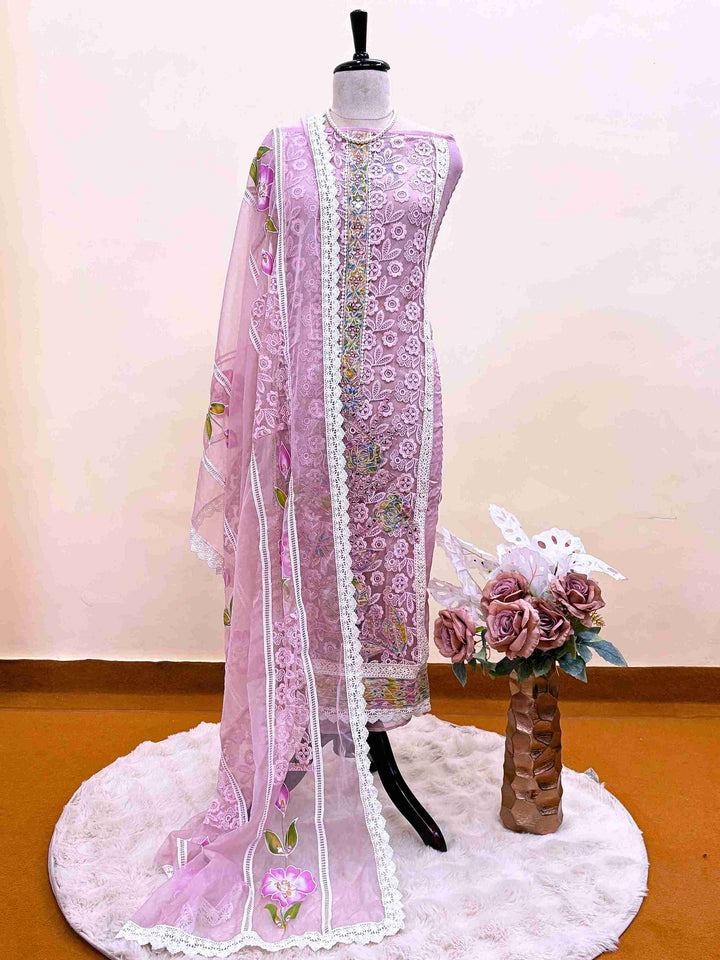 party wear unstitched suits for women on crotia work net and hand painted dupatta