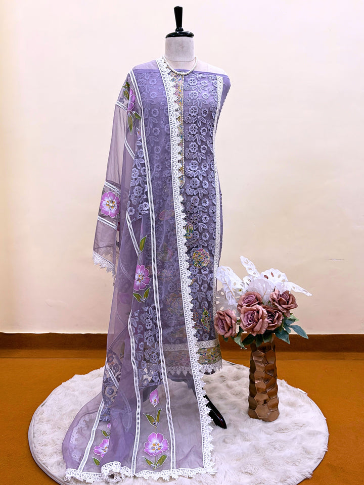 Lavender Garden: Lace Embroidered Suit with Hand-Painted Dupatta