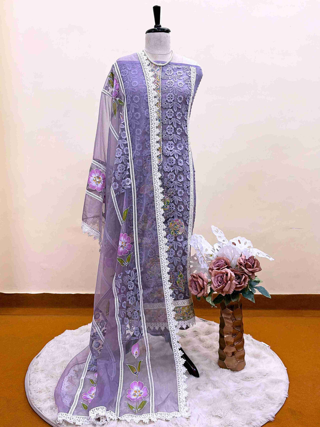 party wear unstitched suits for women on crotia work net and hand painted dupatta