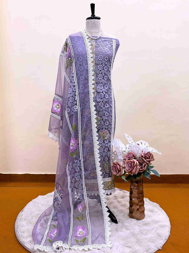 party wear unstitched suits for women on crotia work net and hand painted dupatta