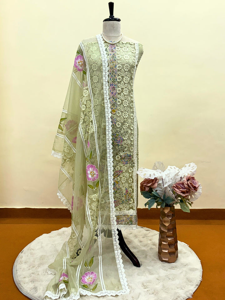 Olive Garden: Lace Embroidered Suit with Hand-Painted Dupatta
