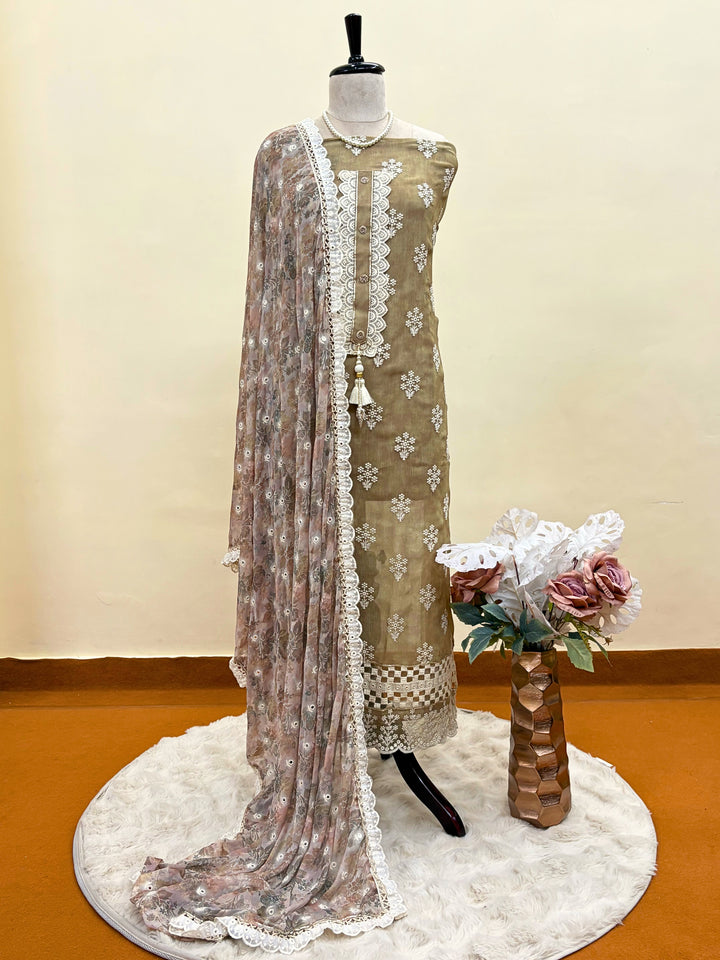 Vintage Bloom: Olive Beige Embroidered Suit with Lace Accents & Printed Dupatta