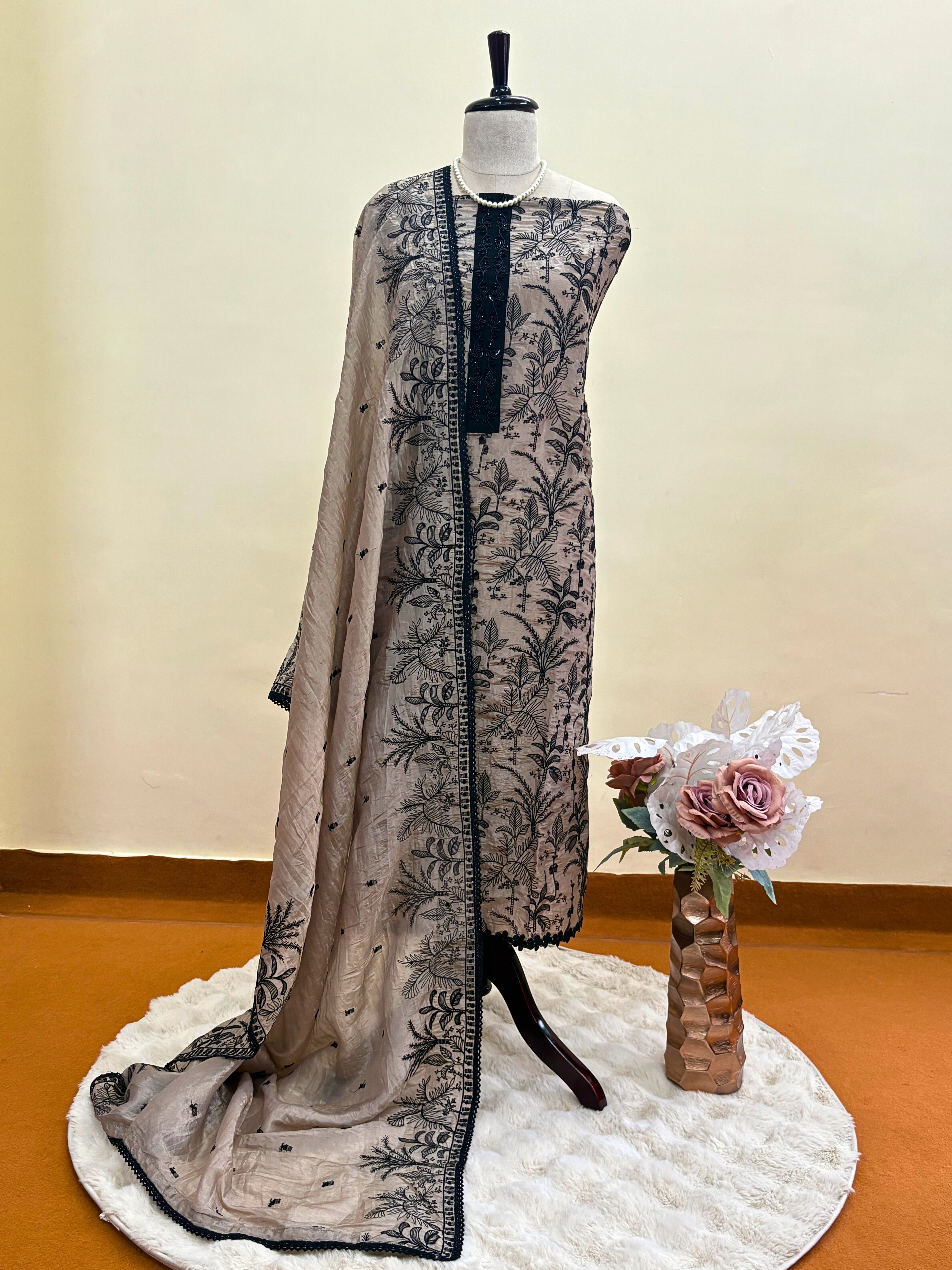 Whispers of Nature: Beige Tissue Suit with Black Embroidery