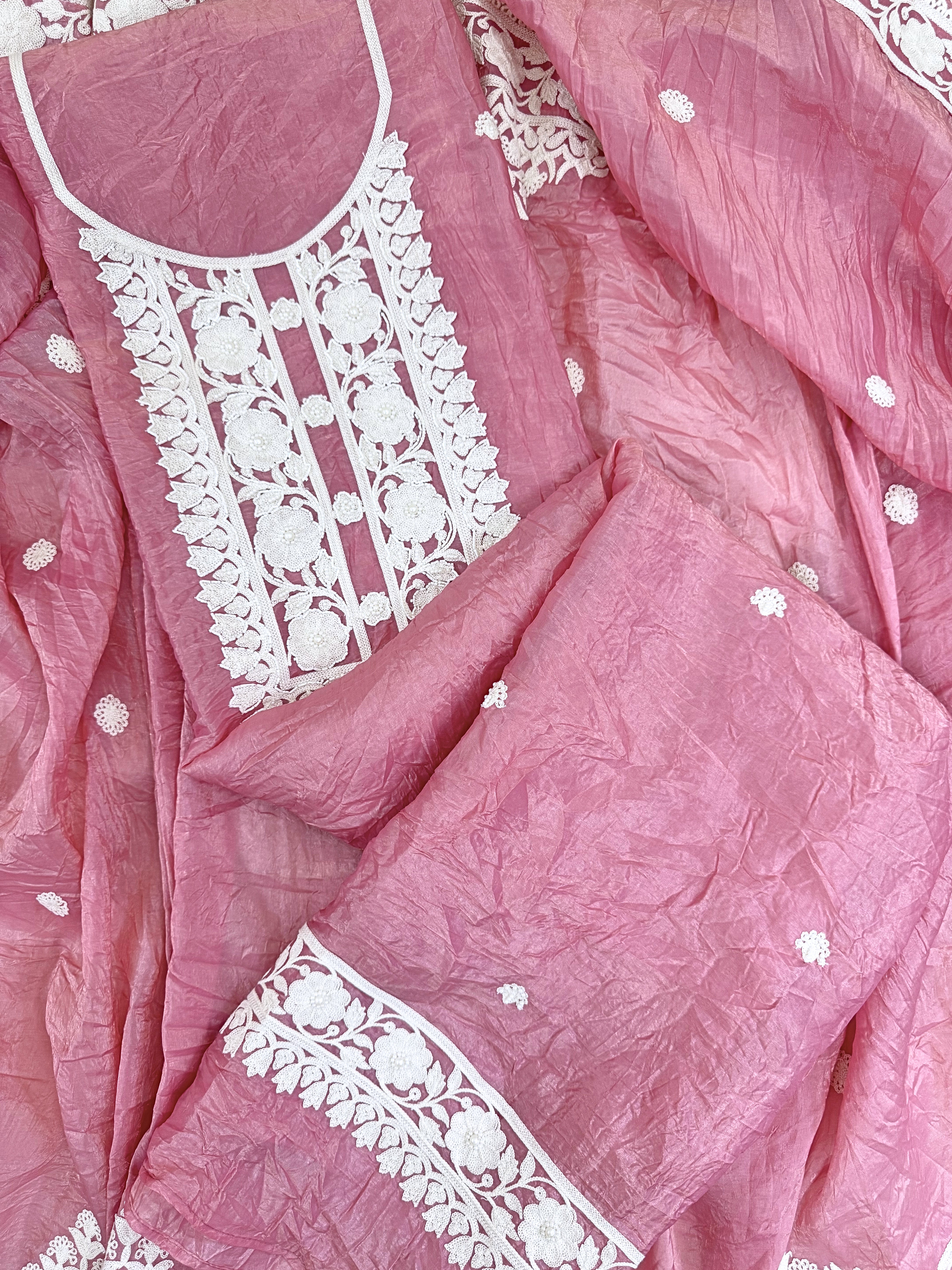 Soft Tissue Unstitched Suit with Thread work on Neck