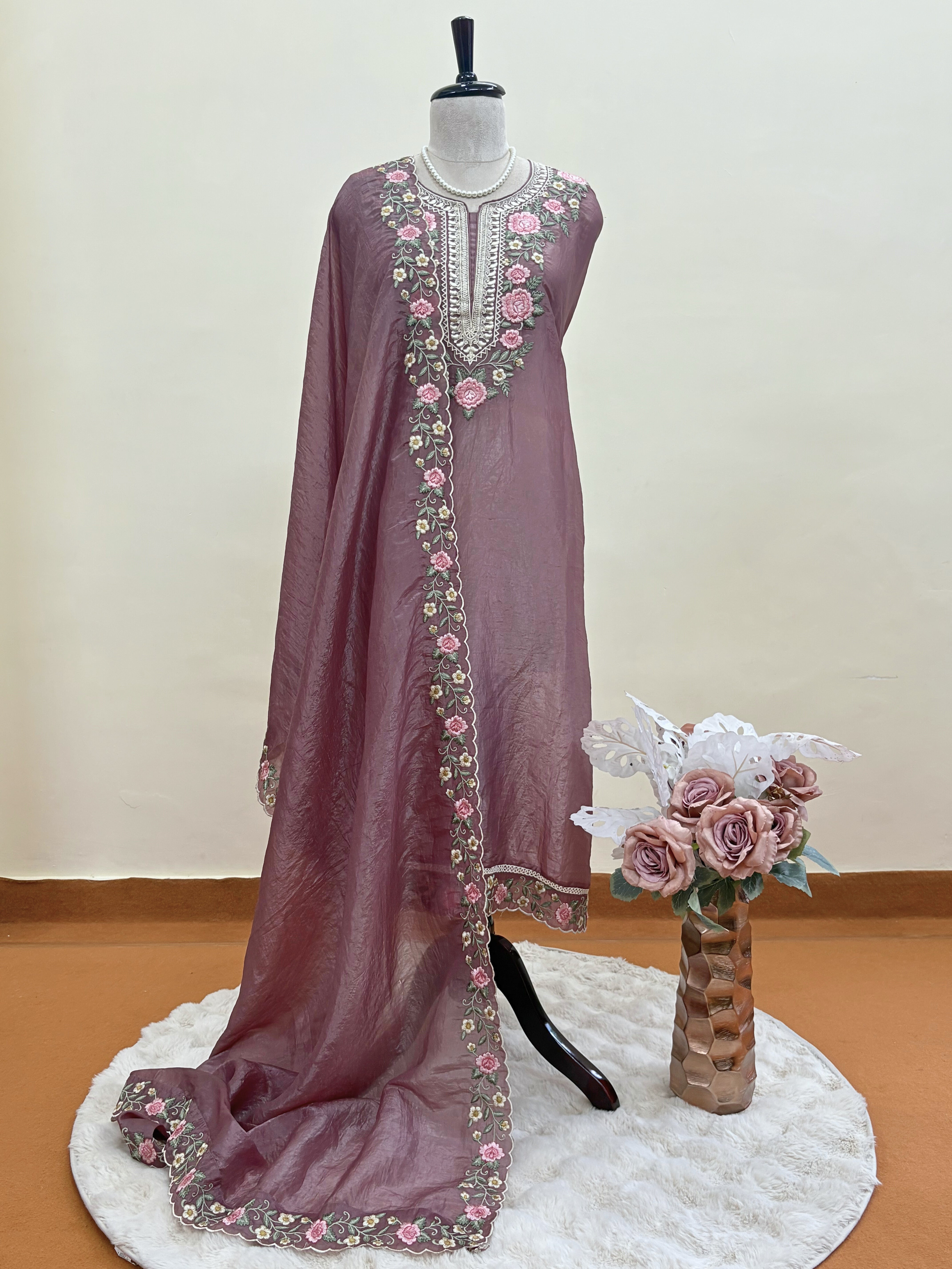 Mauve pink Unstitched suit on Tissue Fabric