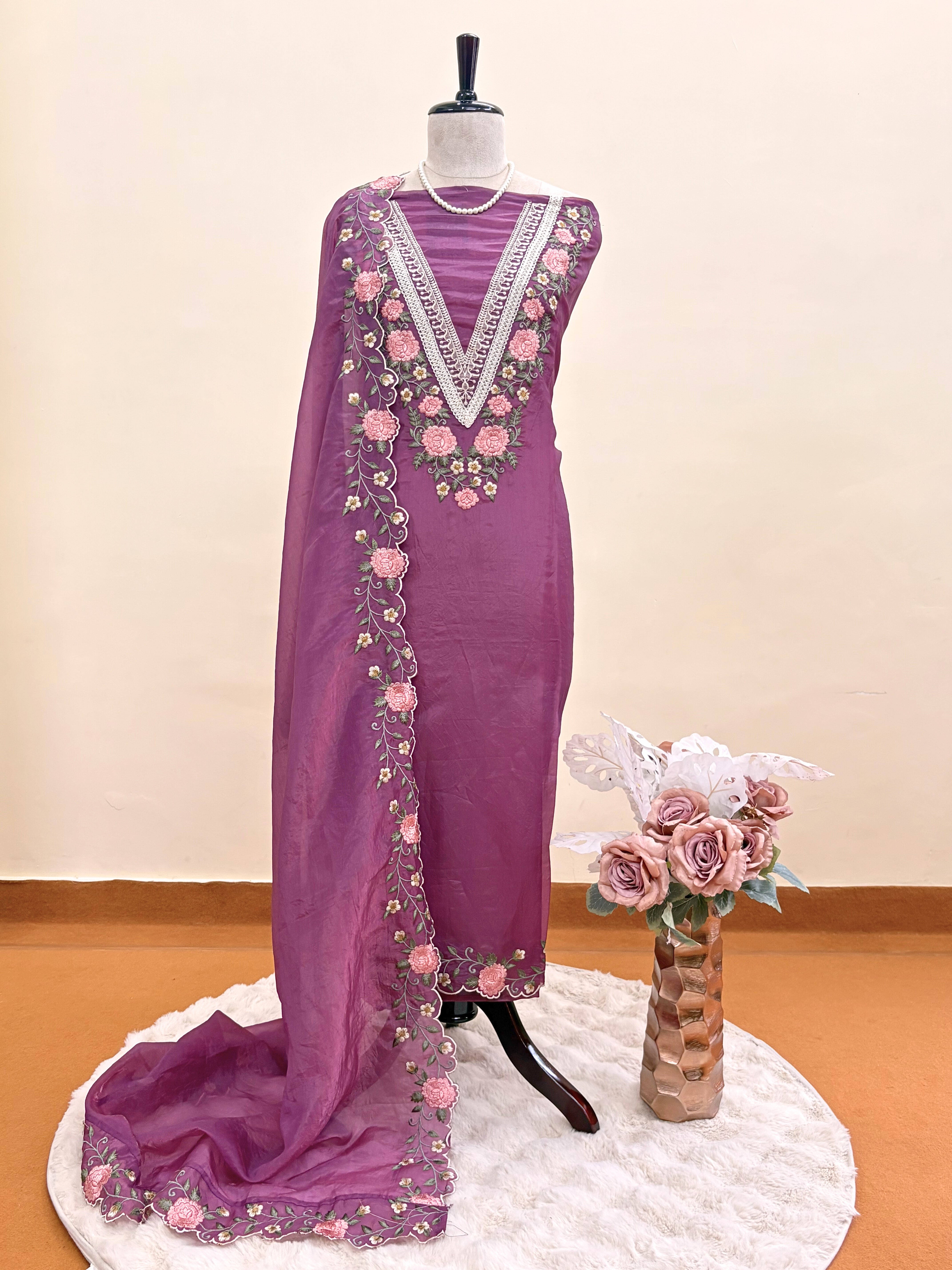 Tissue unstitched suit with pink and ivory floral embroidery on neck