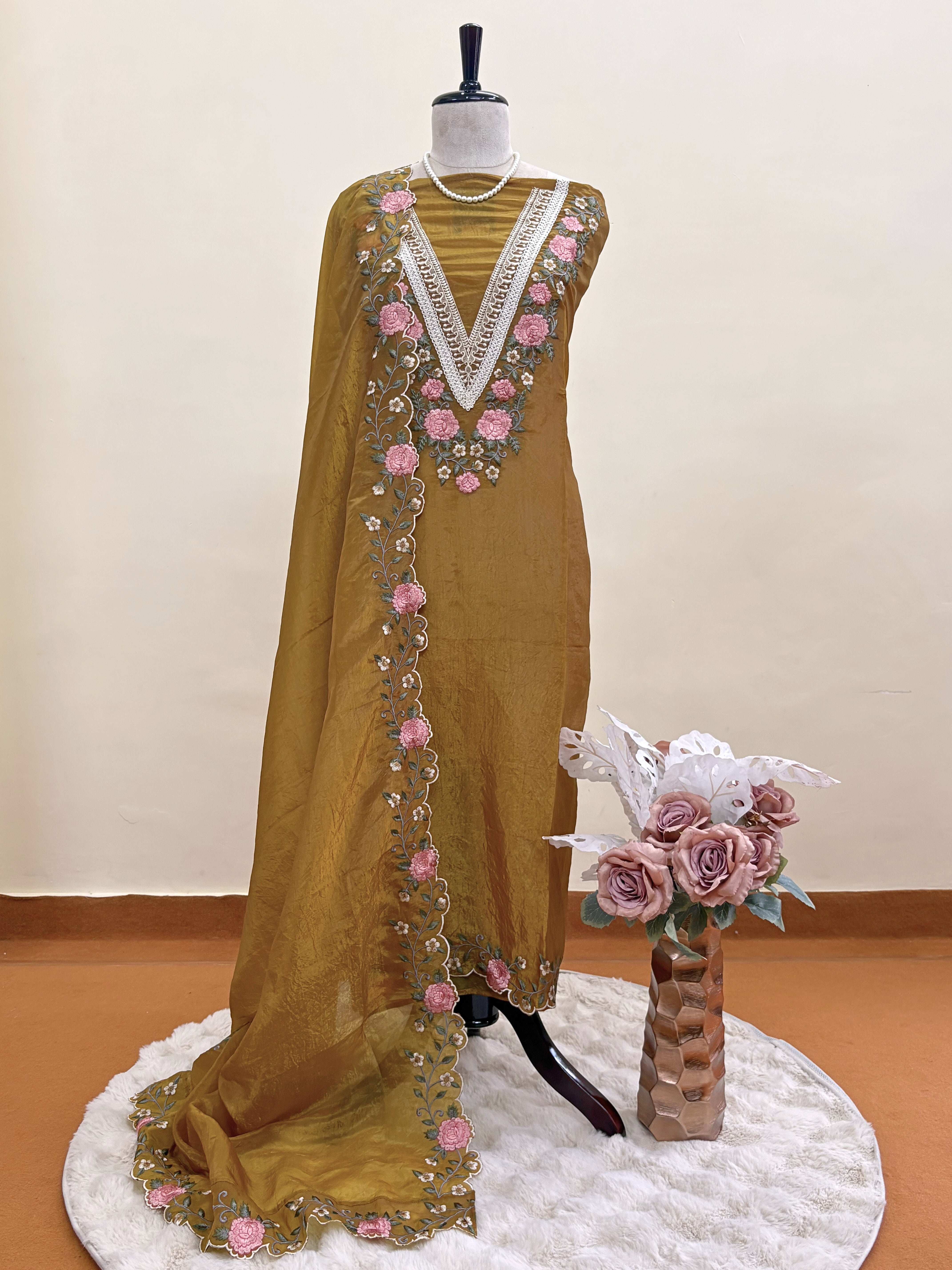 Tissue unstitched suit with pink and ivory floral embroidery on neck