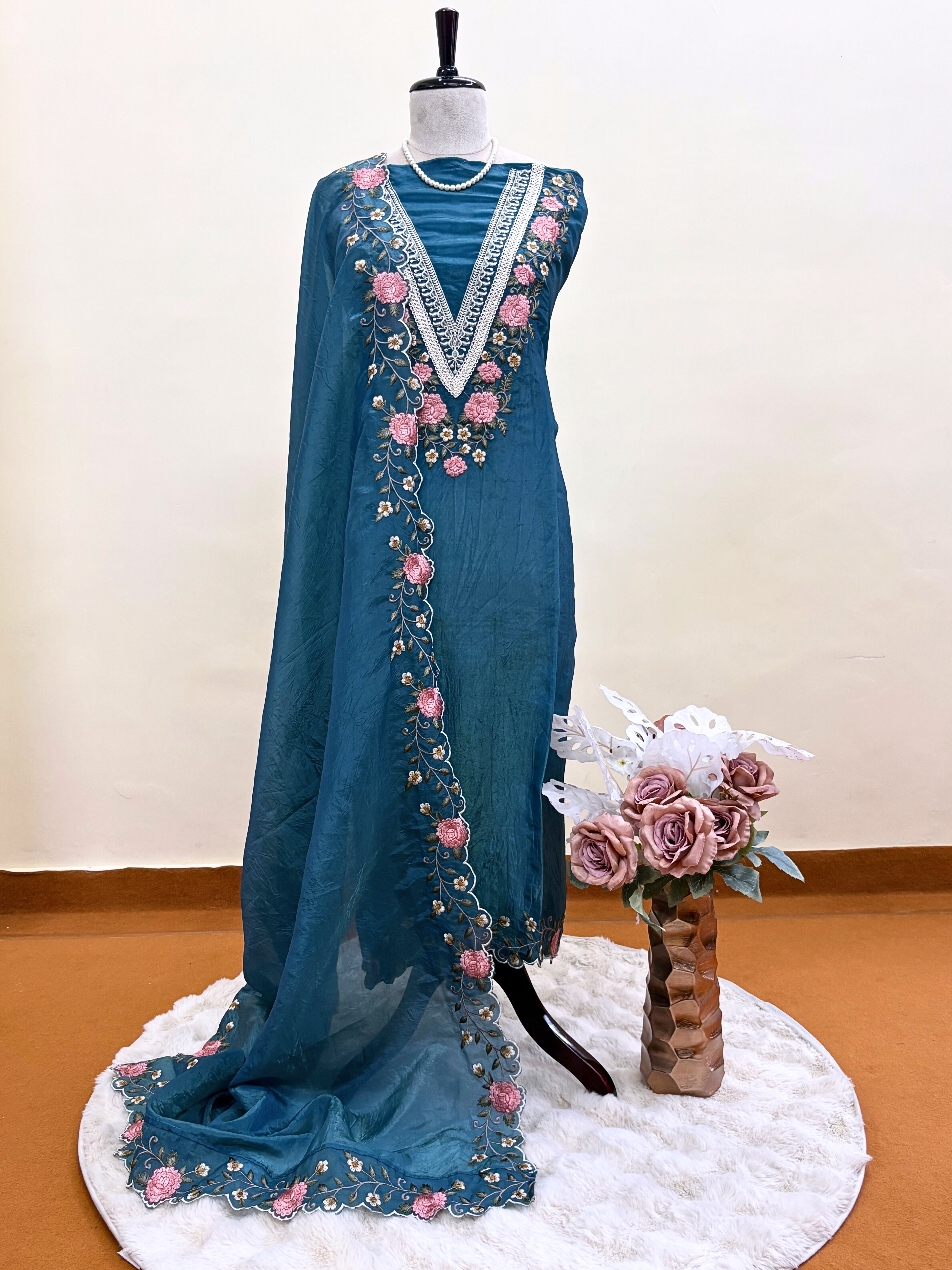 Tissue unstitched suit with pink and ivory floral embroidery on neck