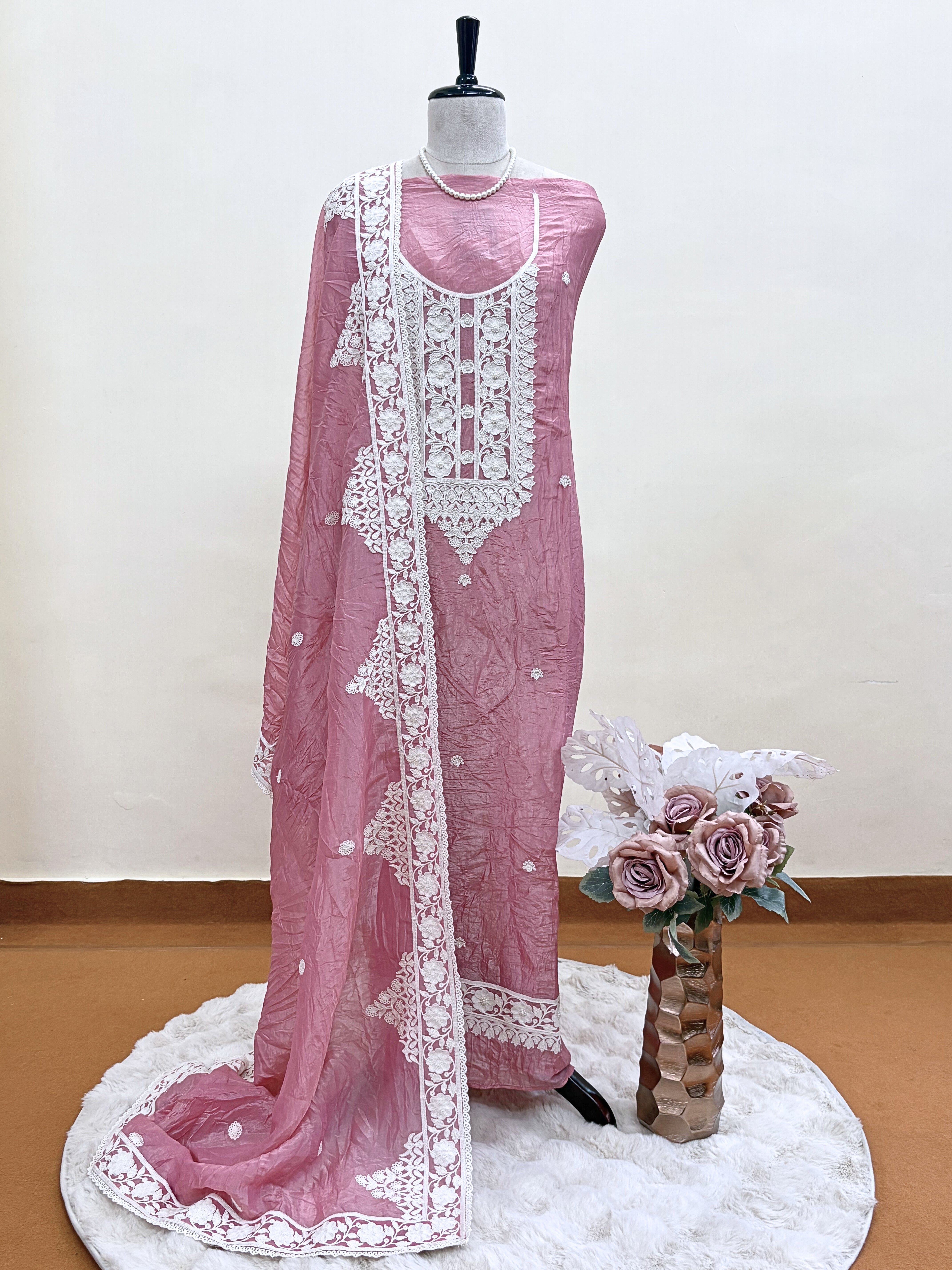 Soft Tissue Unstitched Suit with Thread work on Neck