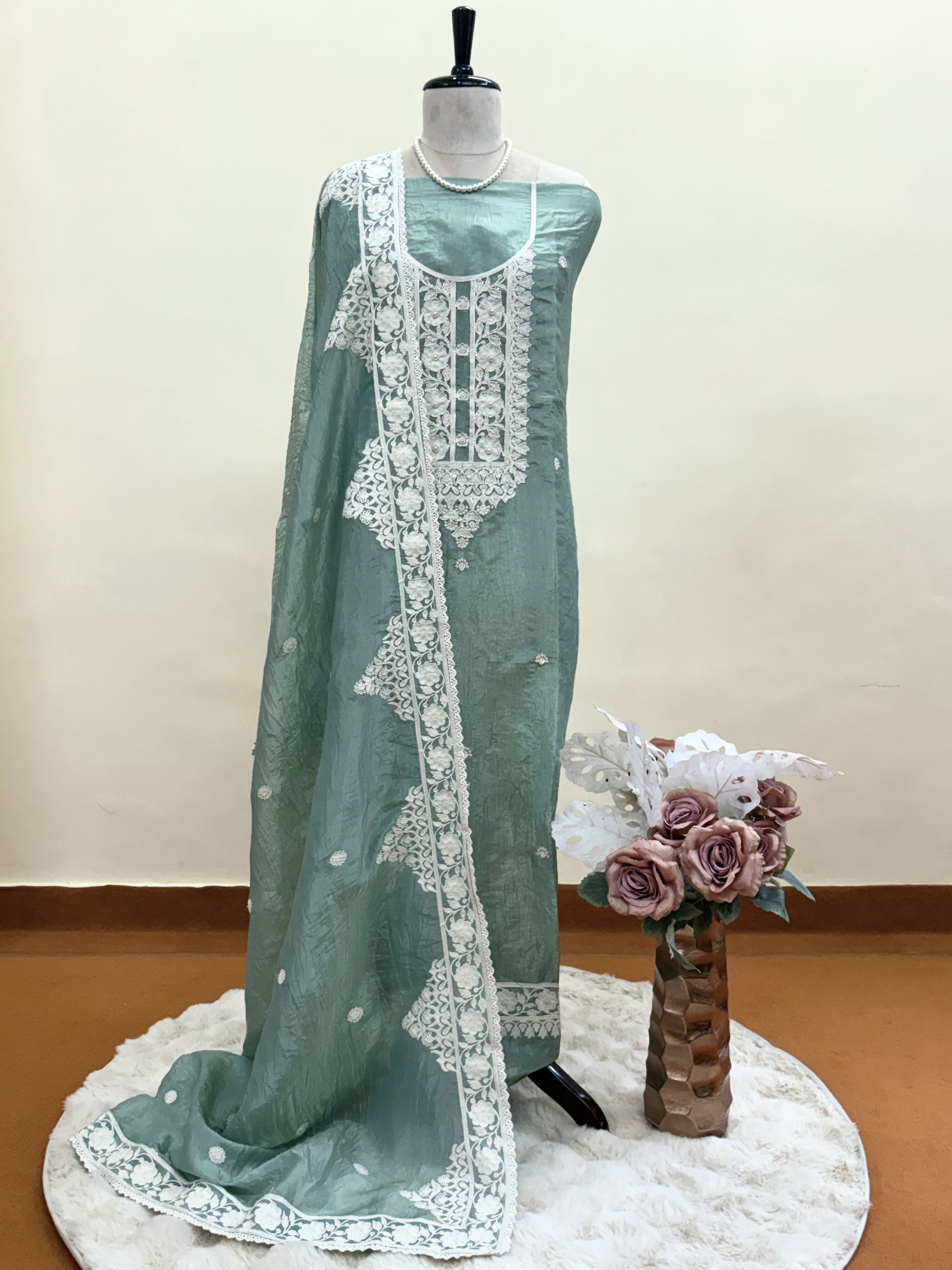 Soft Tissue Unstitched Suit with Thread work on Neck