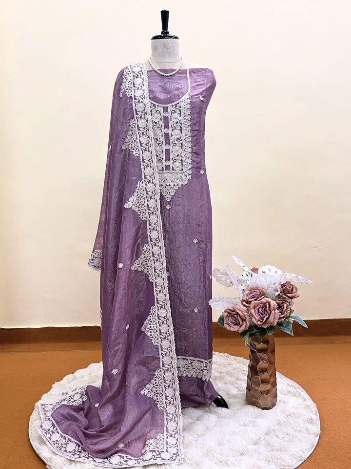 Soft Tissue Unstitched Suit with Thread work on Neck