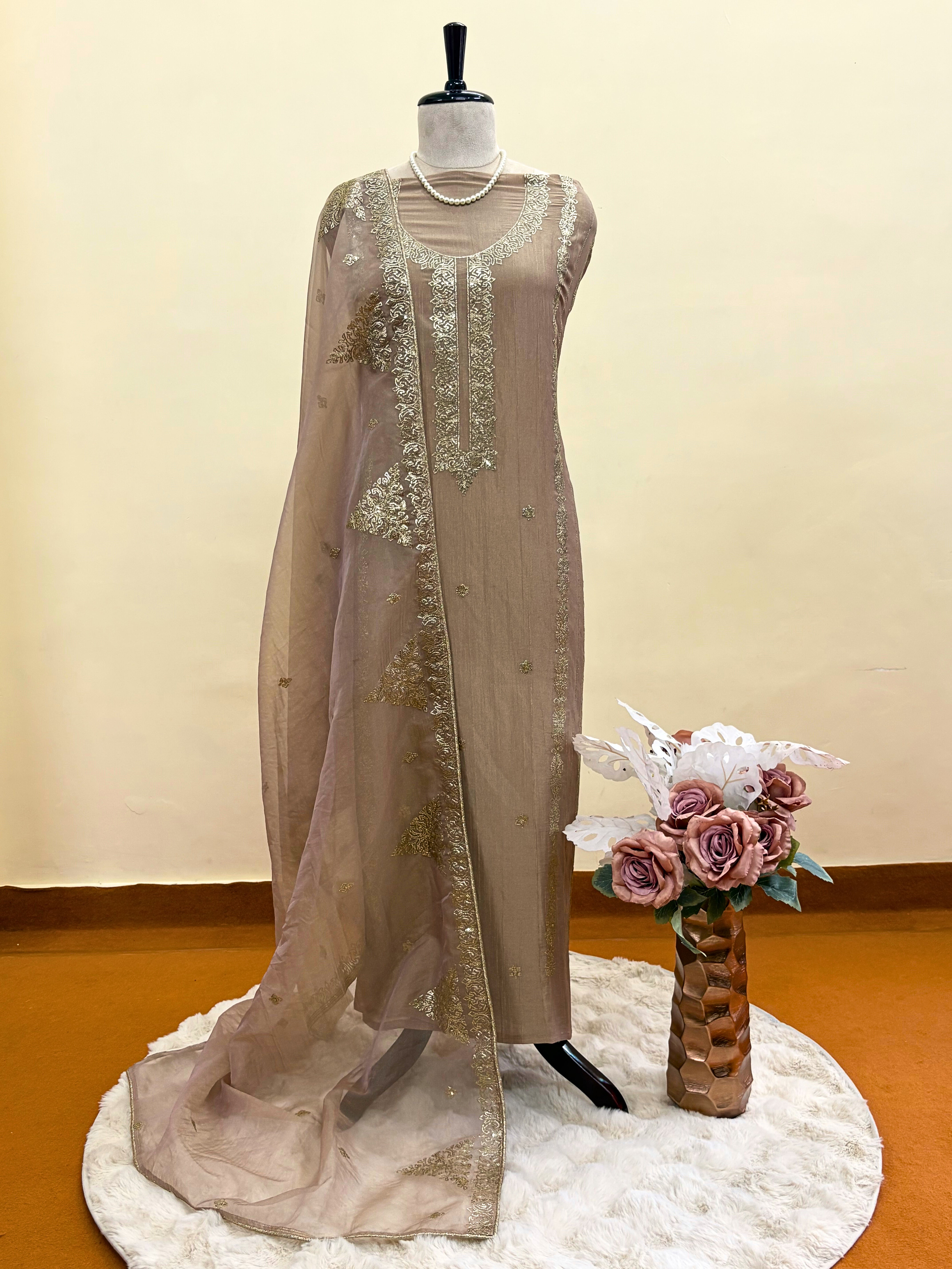 Tissue Unstitched suit with golden embroidery