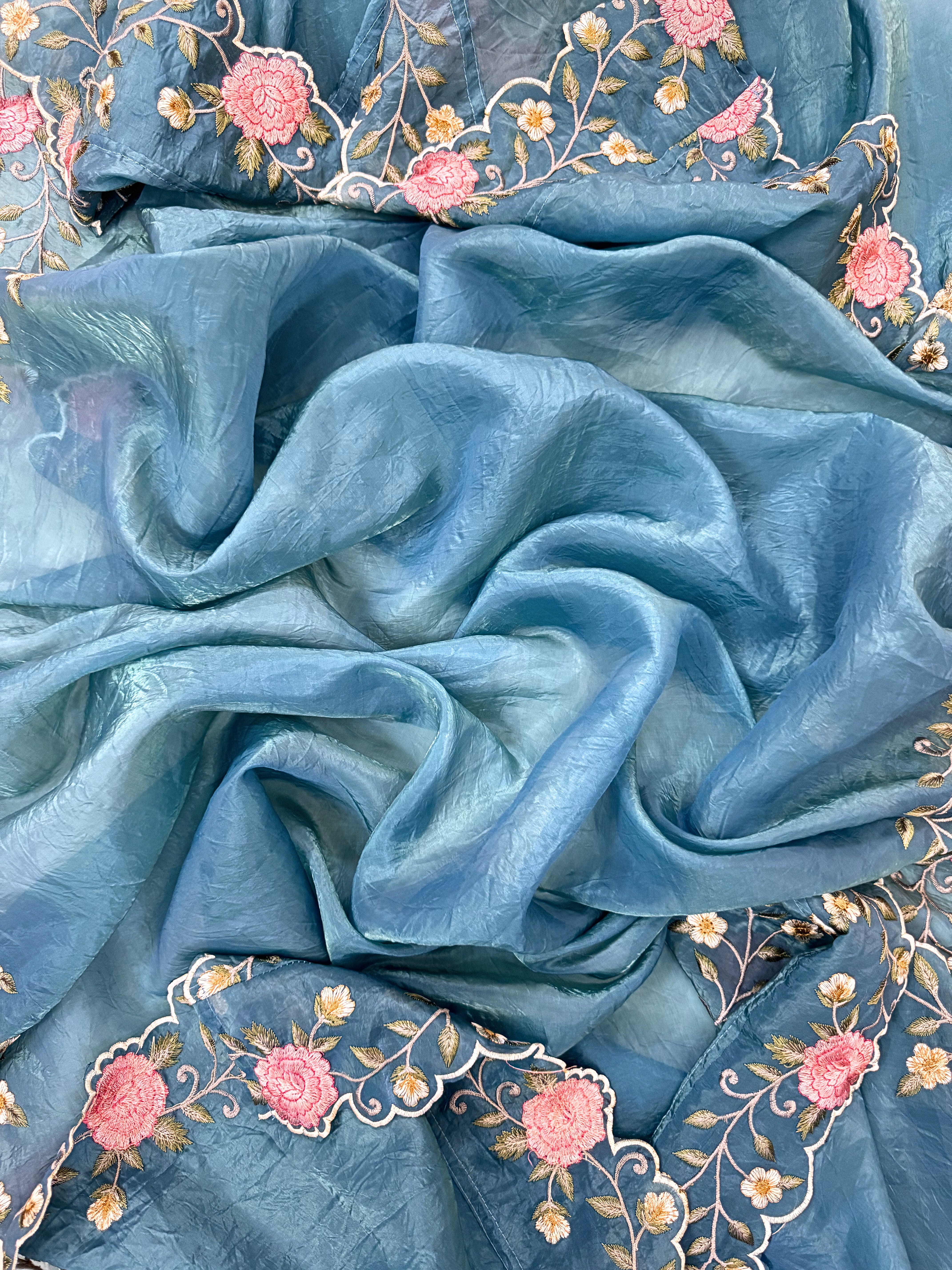 Tissue unstitched suit with pink and ivory floral embroidery on neck