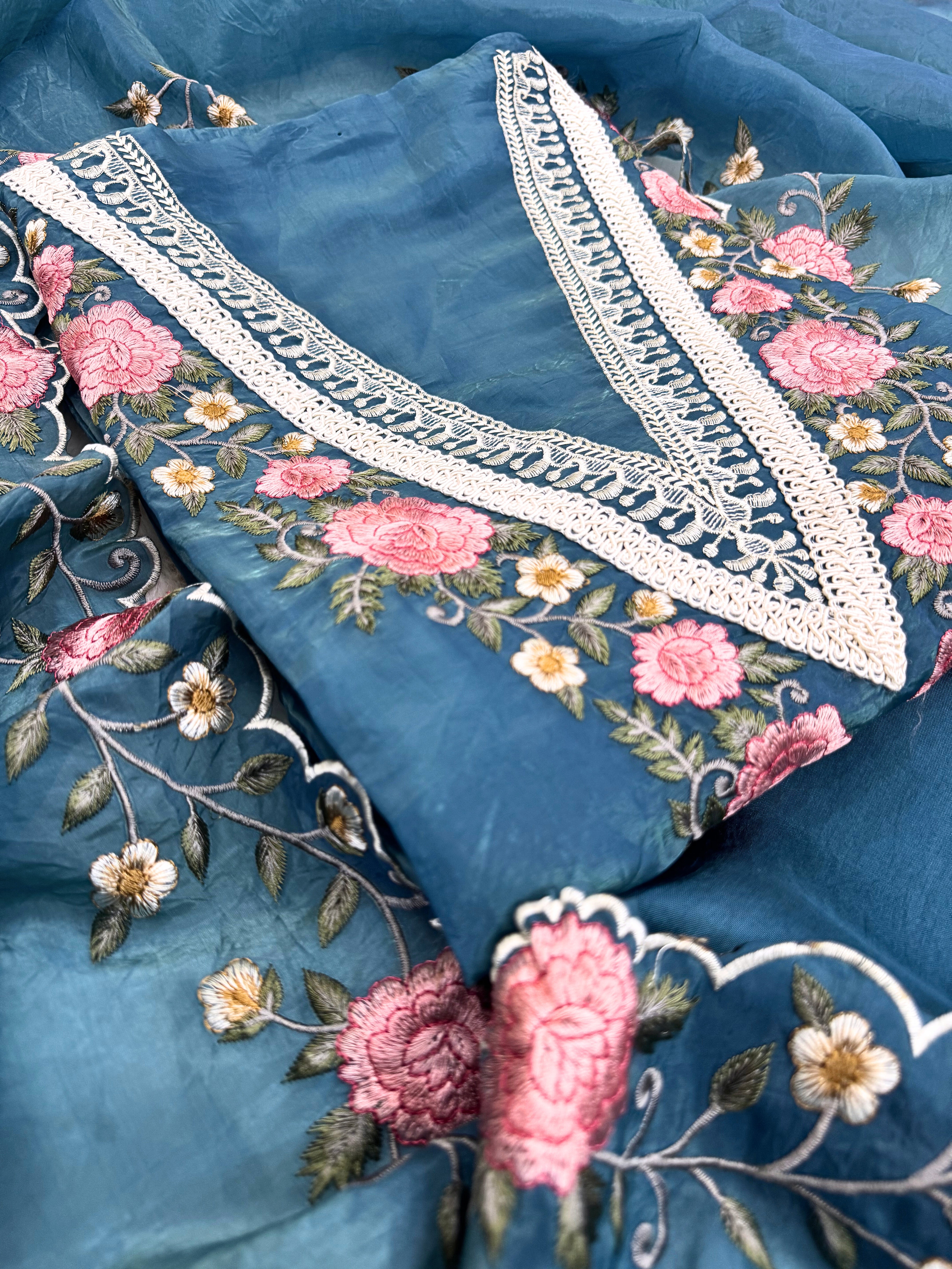 Tissue unstitched suit with pink and ivory floral embroidery on neck