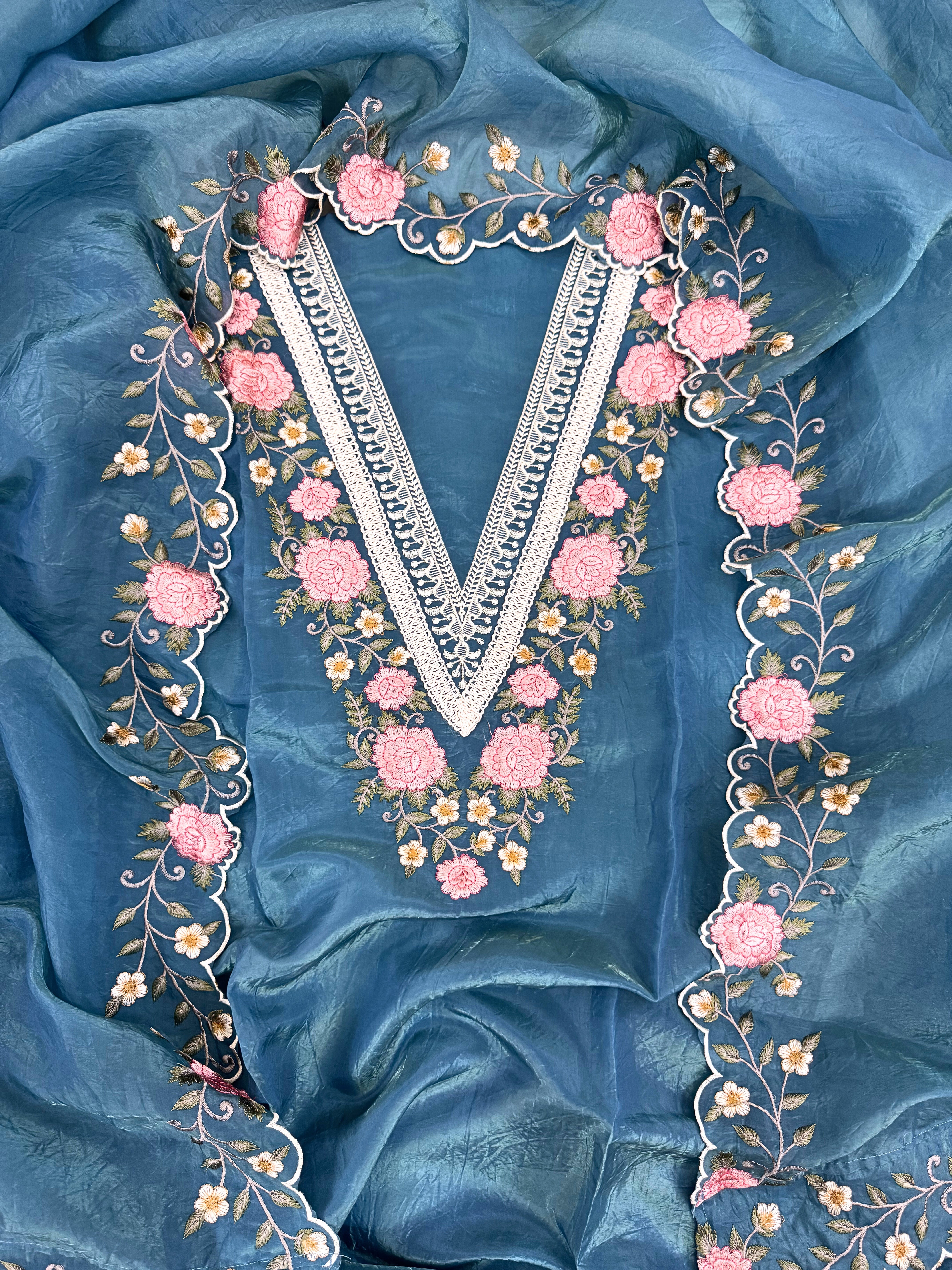 Tissue unstitched suit with pink and ivory floral embroidery on neck