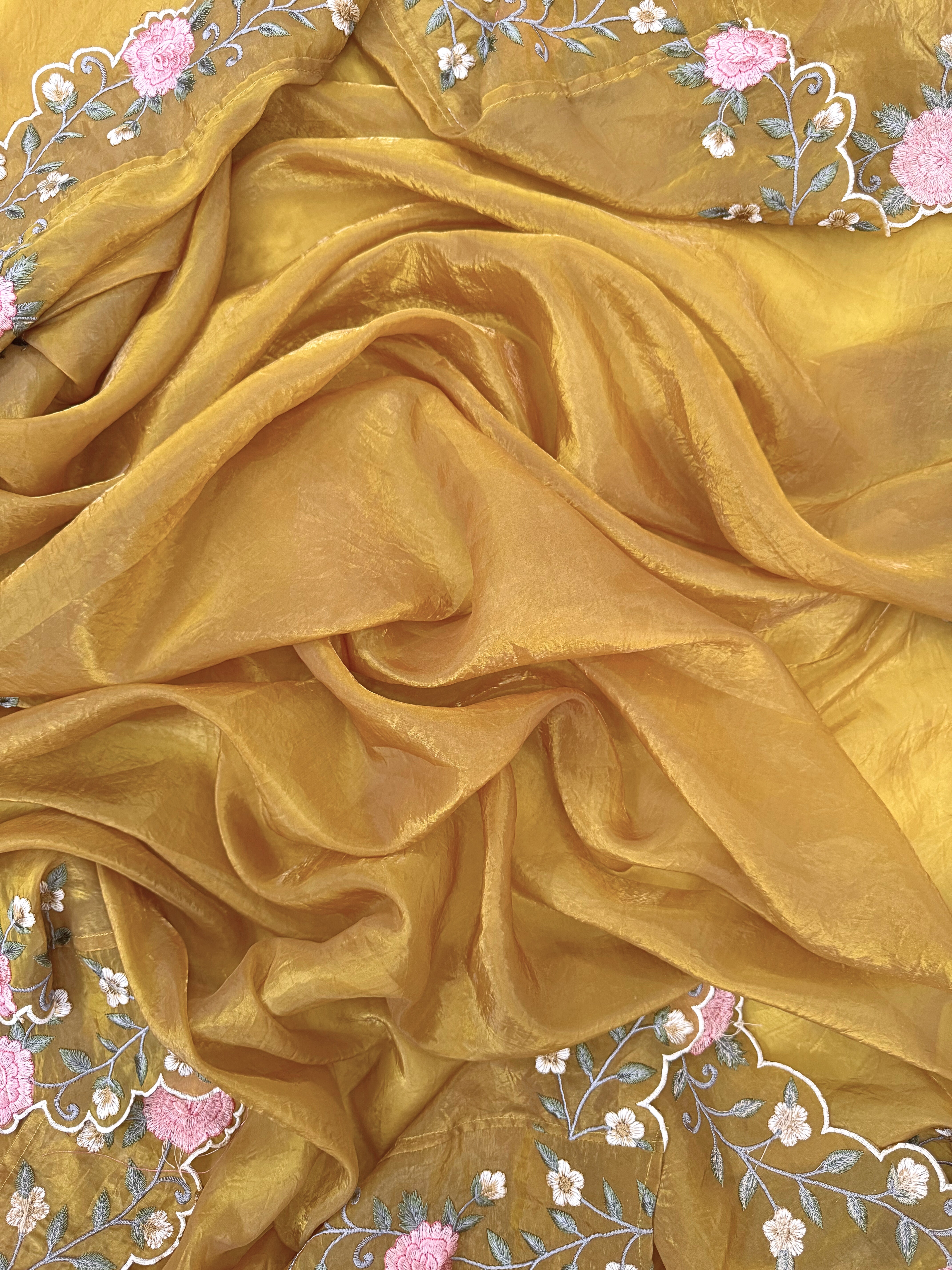 Tissue unstitched suit with pink and ivory floral embroidery on neck