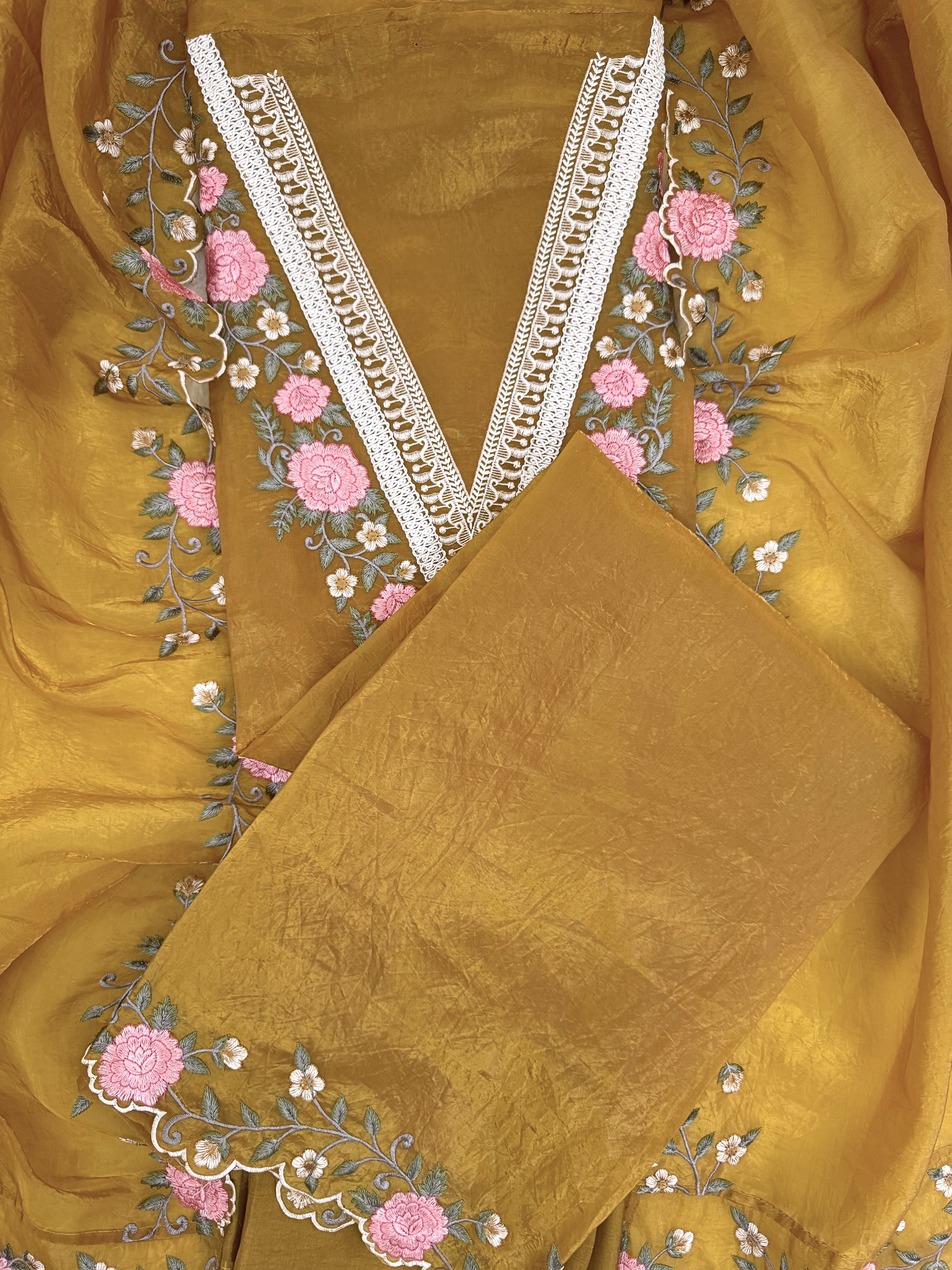 Tissue unstitched suit with pink and ivory floral embroidery on neck