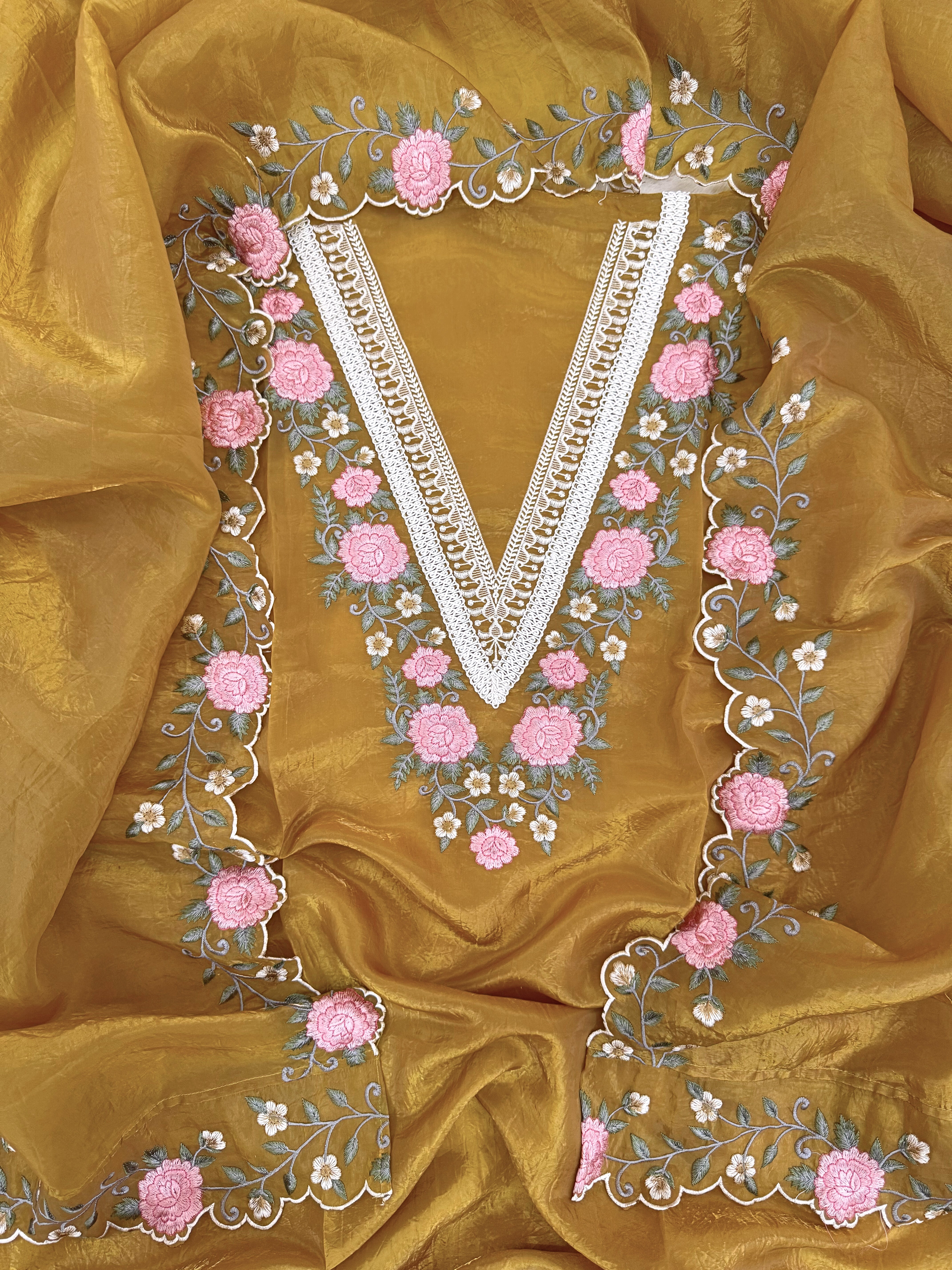 Tissue unstitched suit with pink and ivory floral embroidery on neck
