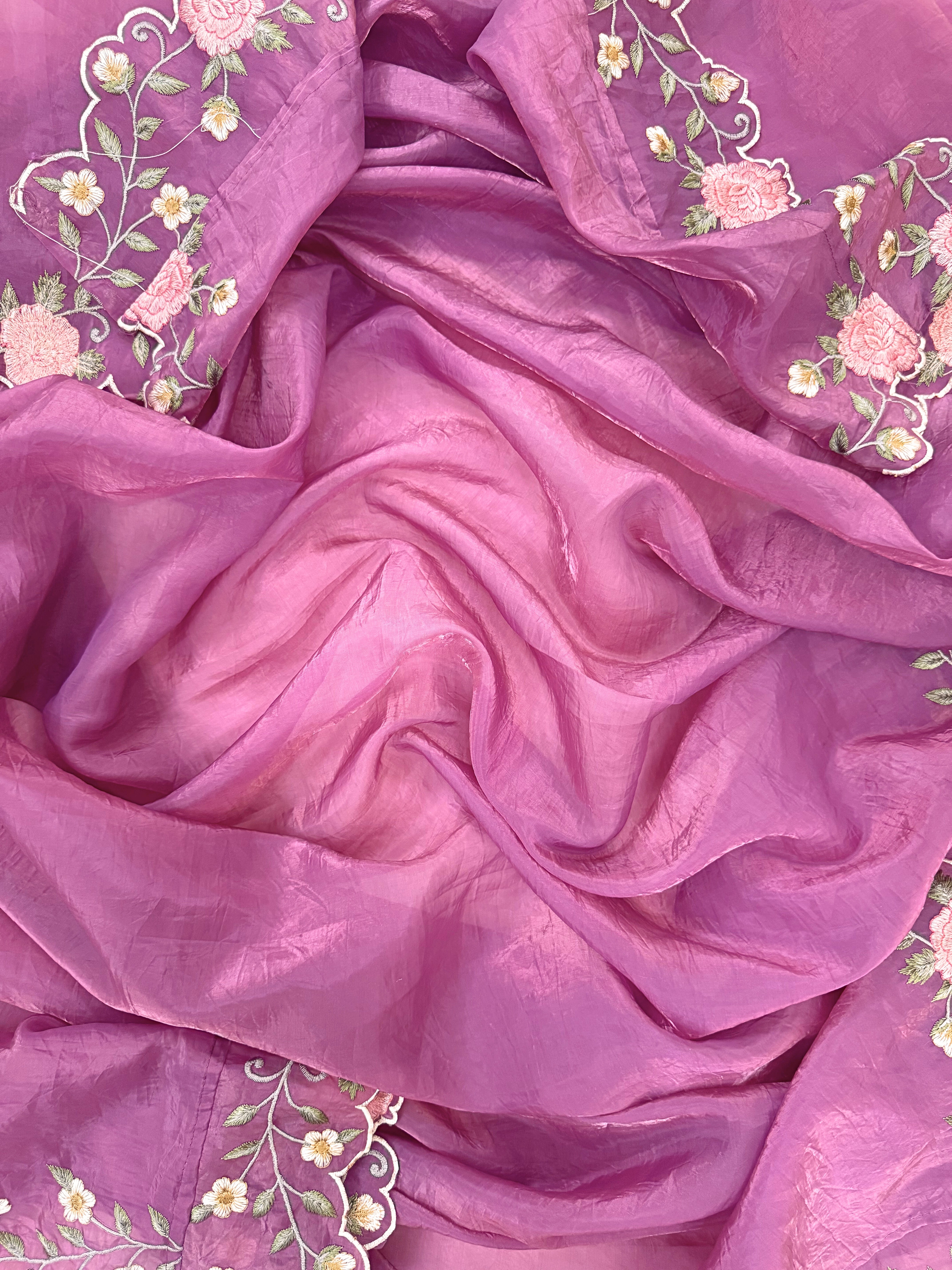 Tissue unstitched suit with pink and ivory floral embroidery on neck