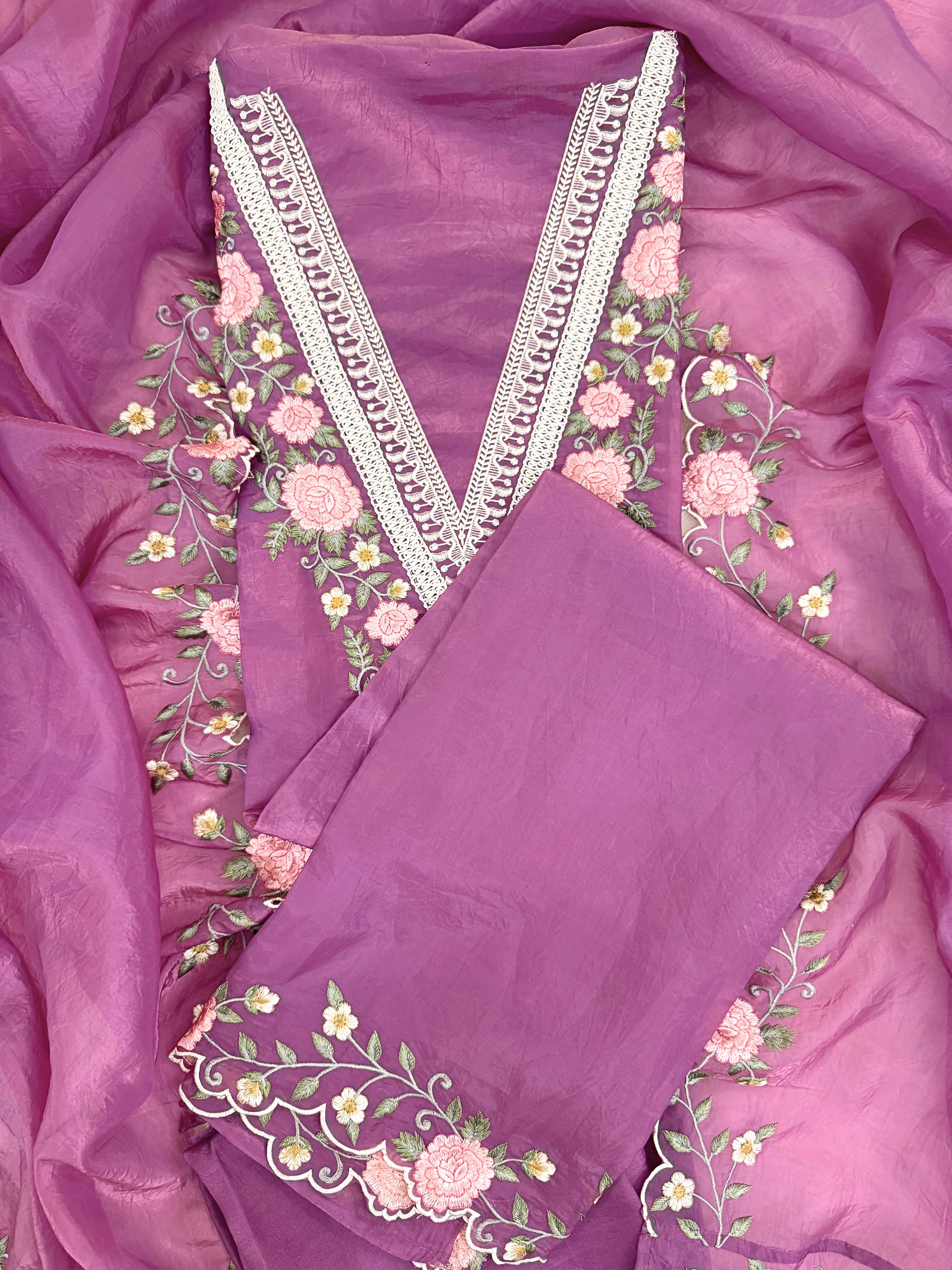 Tissue unstitched suit with pink and ivory floral embroidery on neck