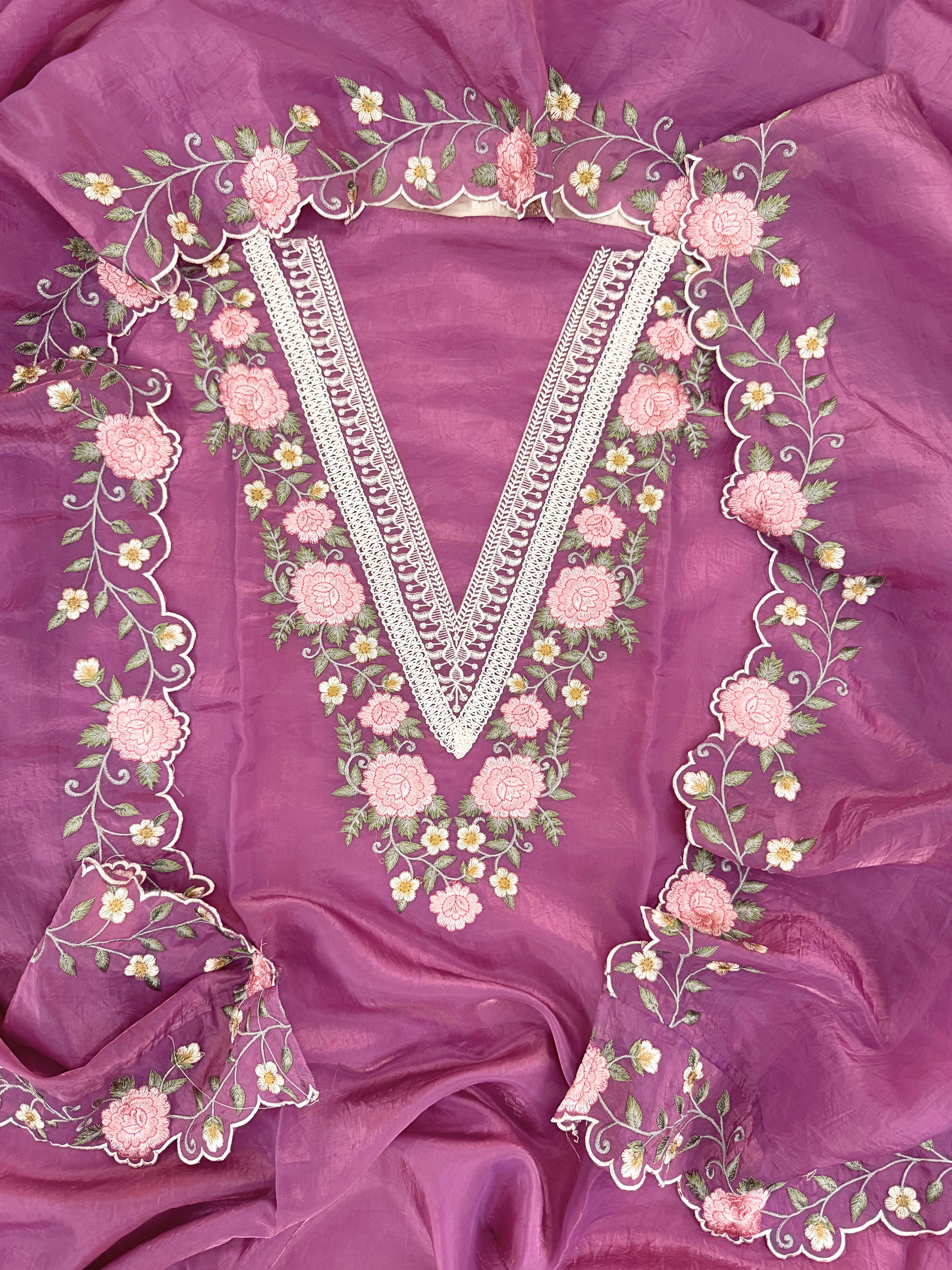 Tissue unstitched suit with pink and ivory floral embroidery on neck
