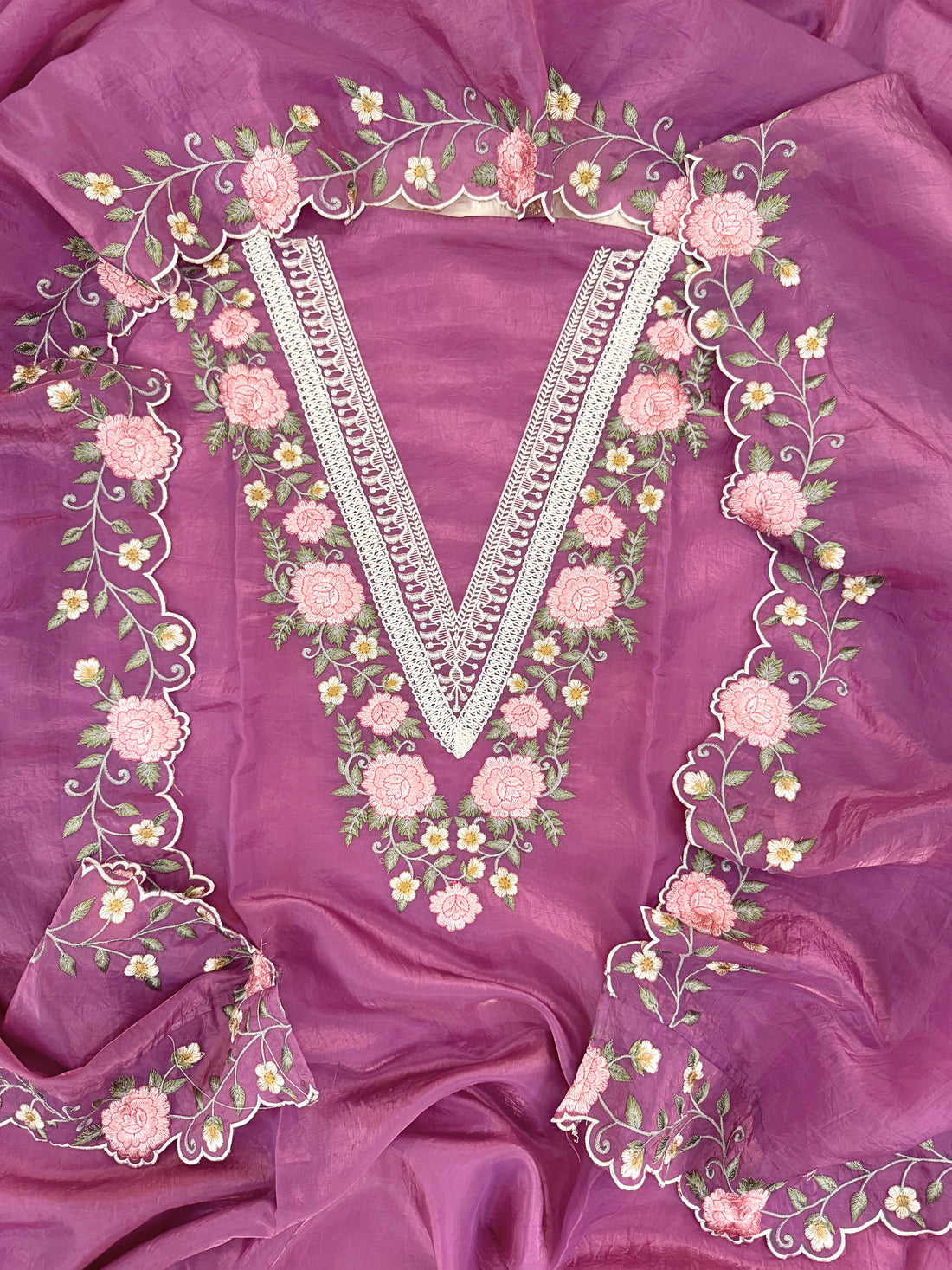 Tissue unstitched suit with pink and ivory floral embroidery on neck