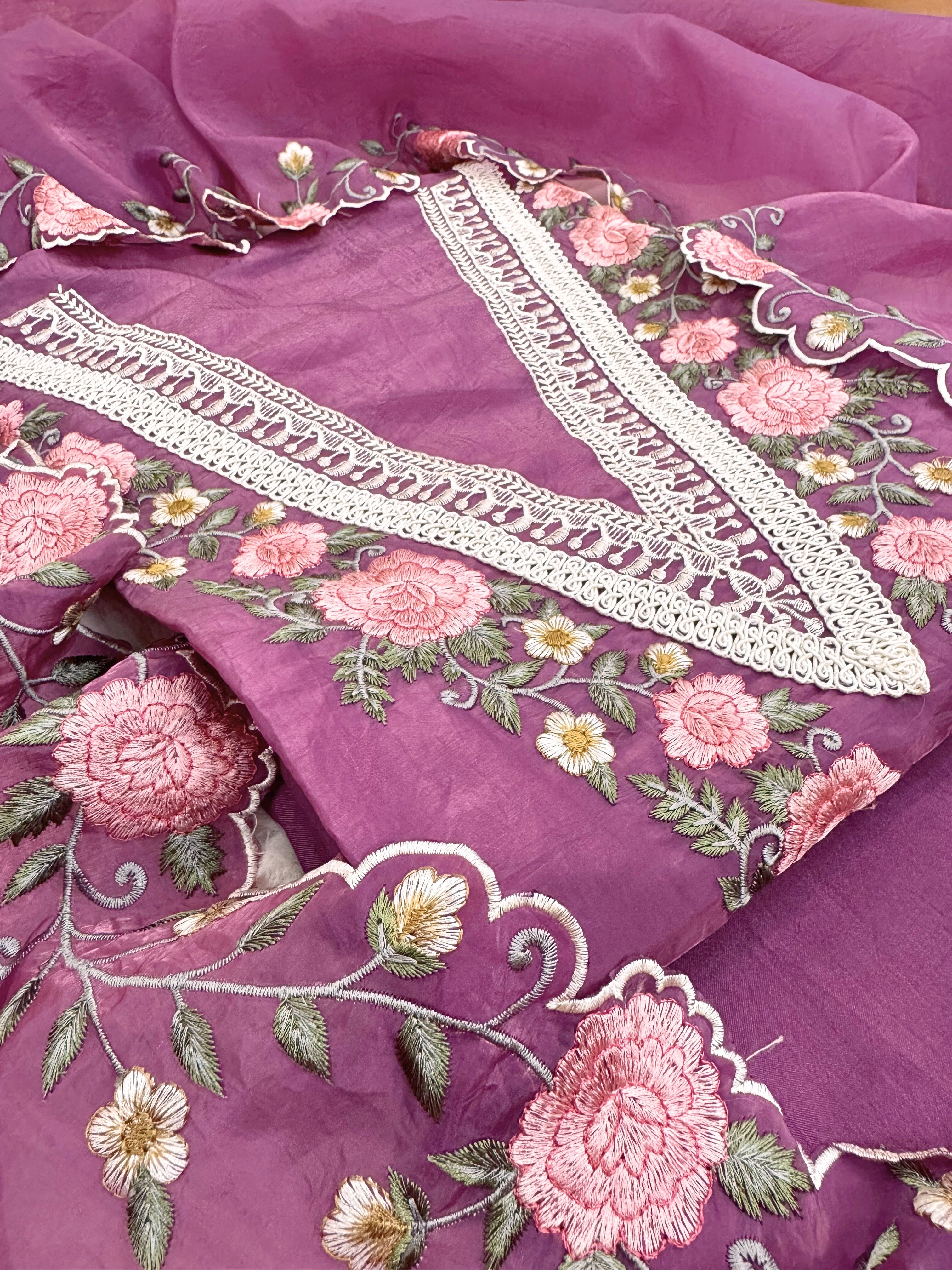Tissue unstitched suit with pink and ivory floral embroidery on neck