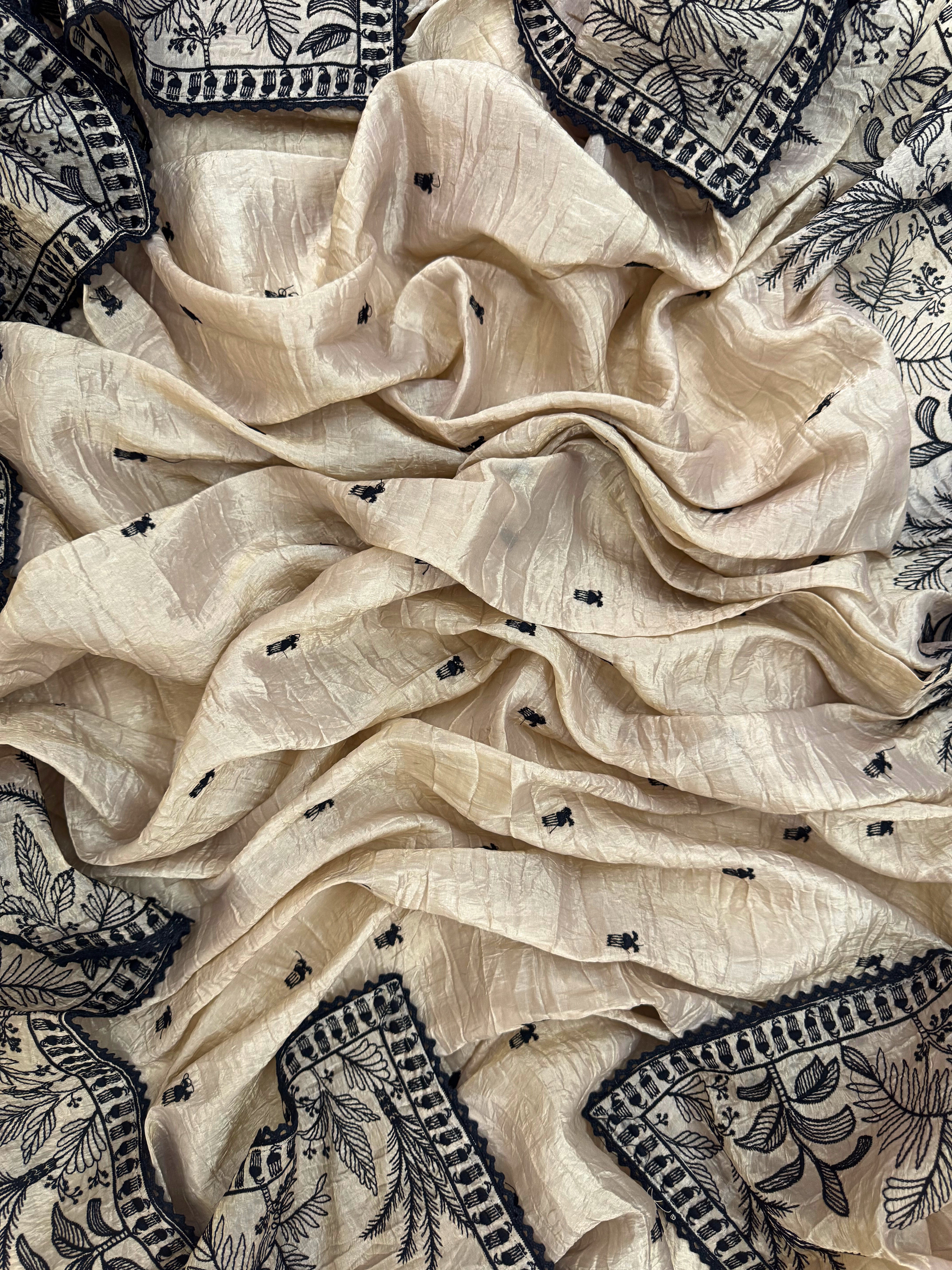 Whispers of Nature: Beige Tissue Suit with Black Embroidery