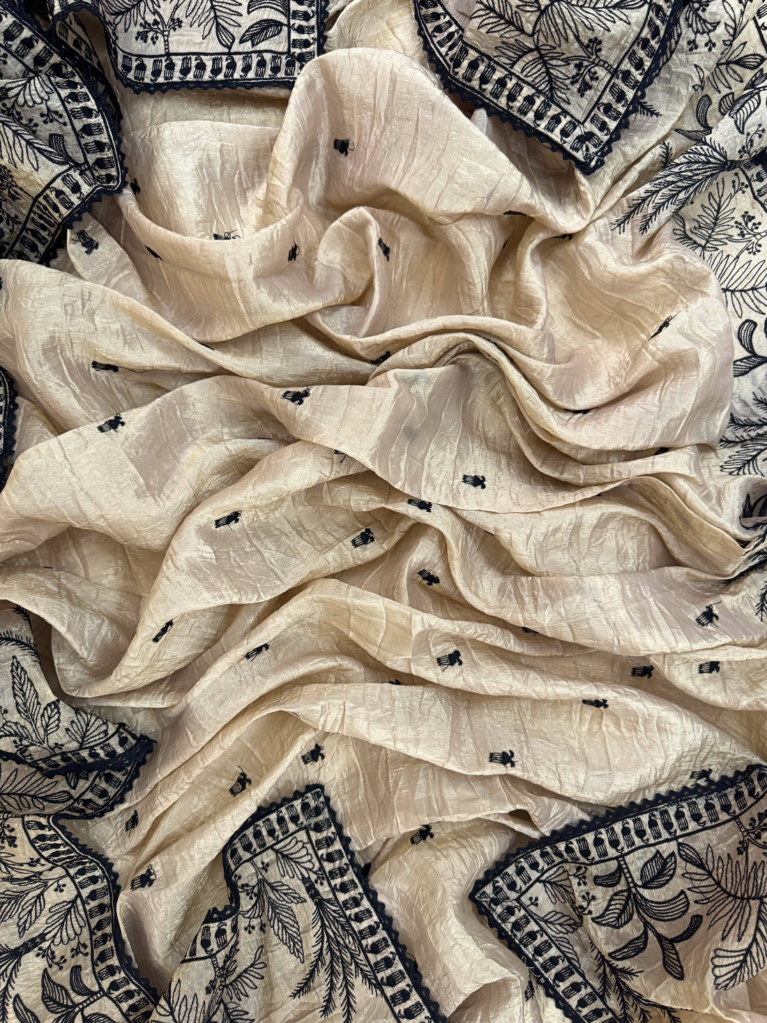 "Whispers of Nature: Beige Tissue Suit with Black Embroidery"