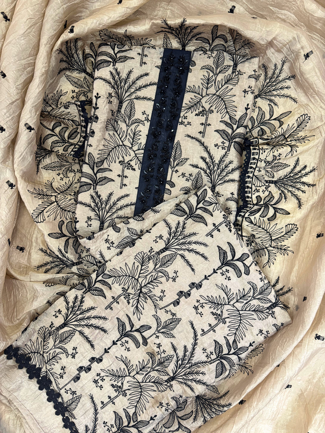 "Whispers of Nature: Beige Tissue Suit with Black Embroidery"