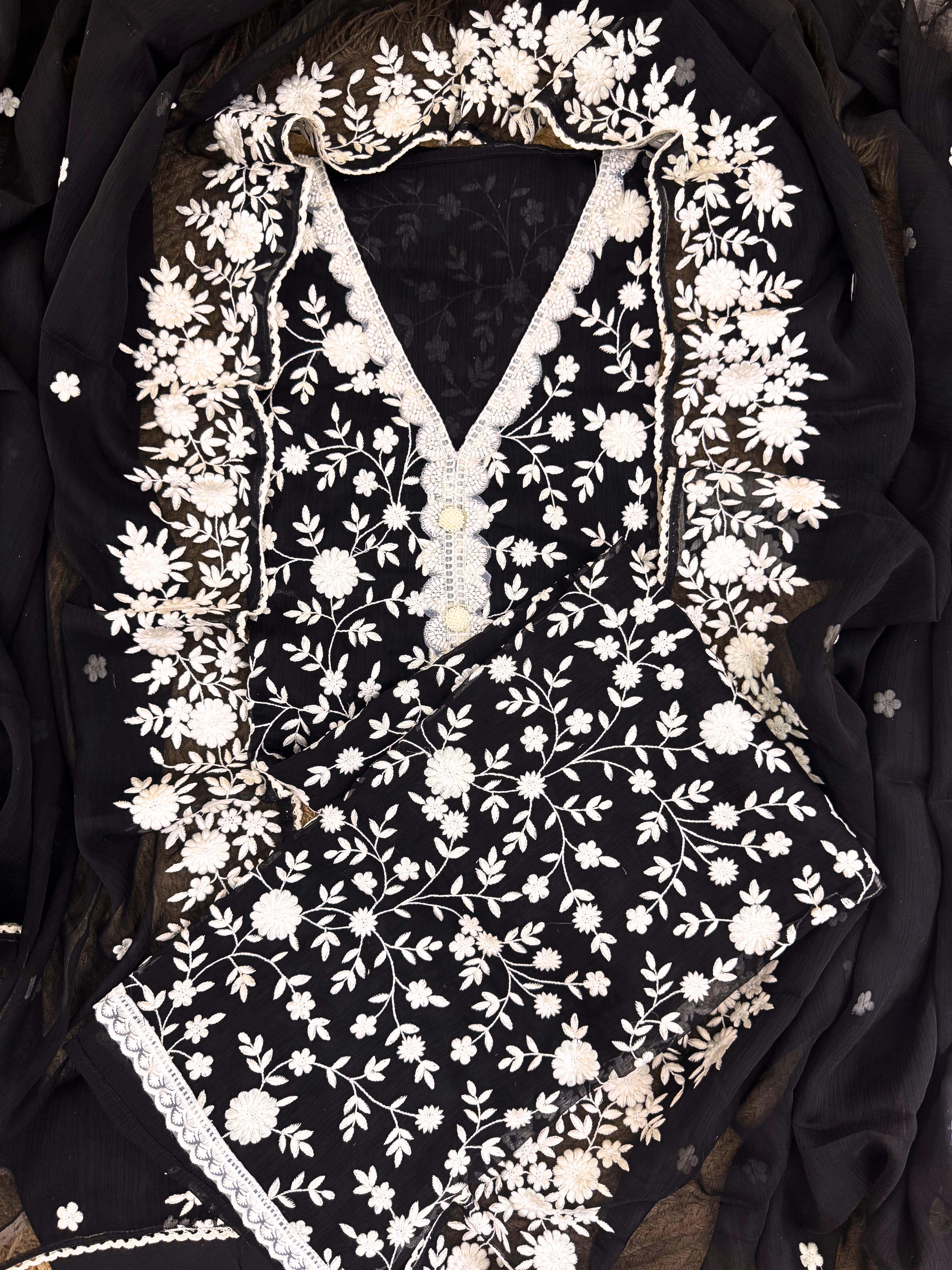 Soft chiffon unstitched suit with ivory thread embroidery