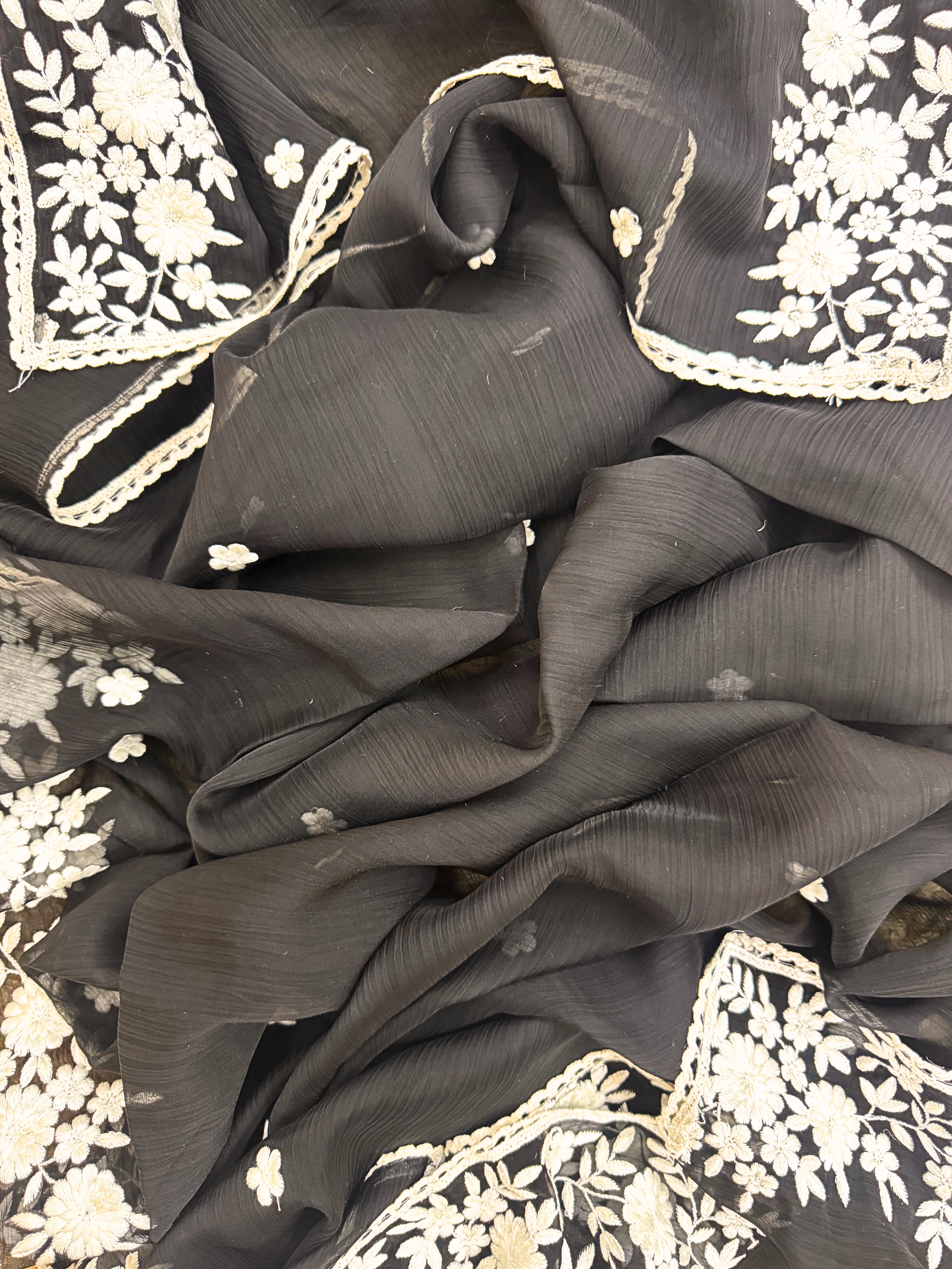 Soft chiffon unstitched suit with ivory thread embroidery