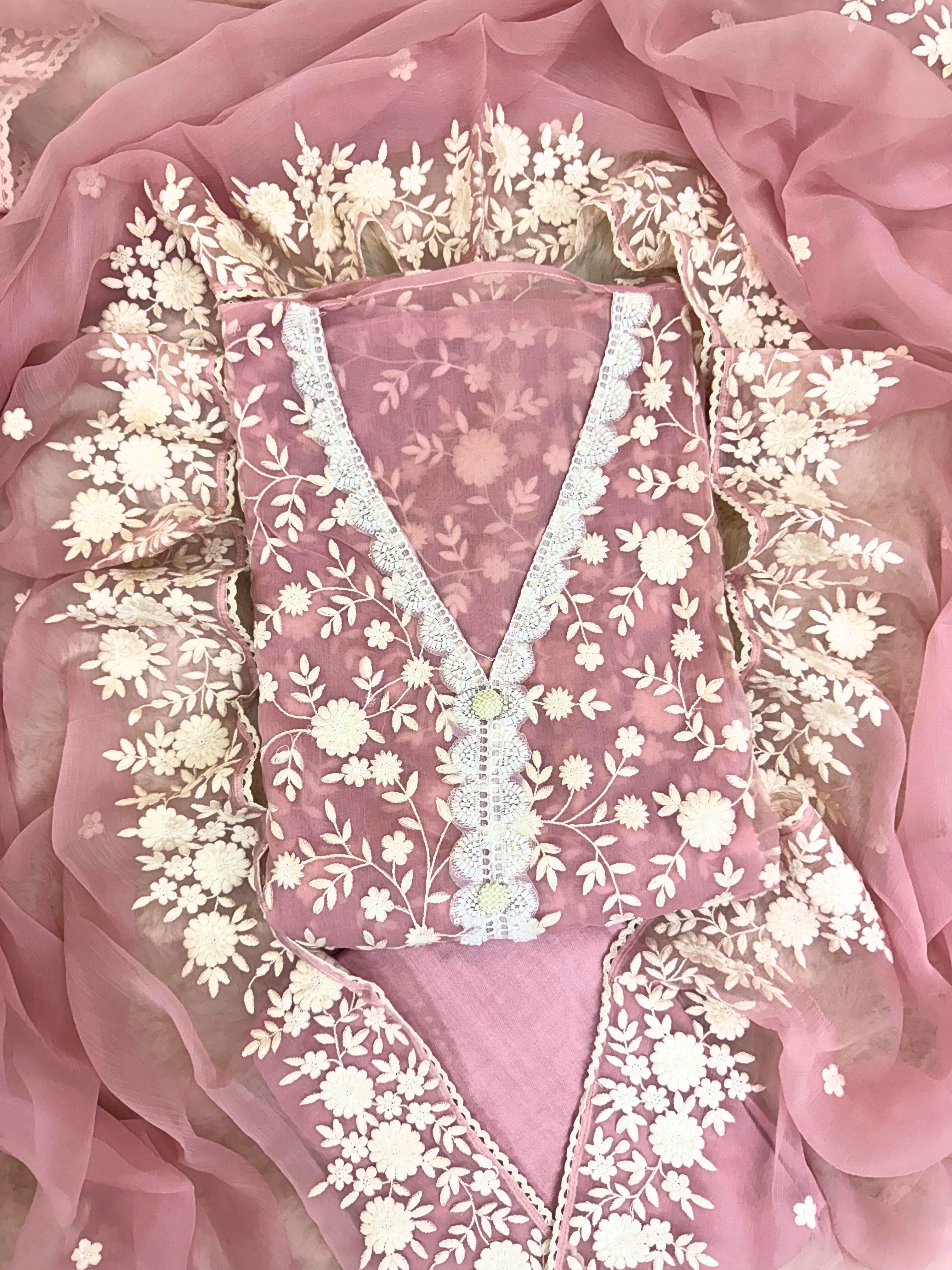Soft chiffon unstitched suit with ivory thread embroidery