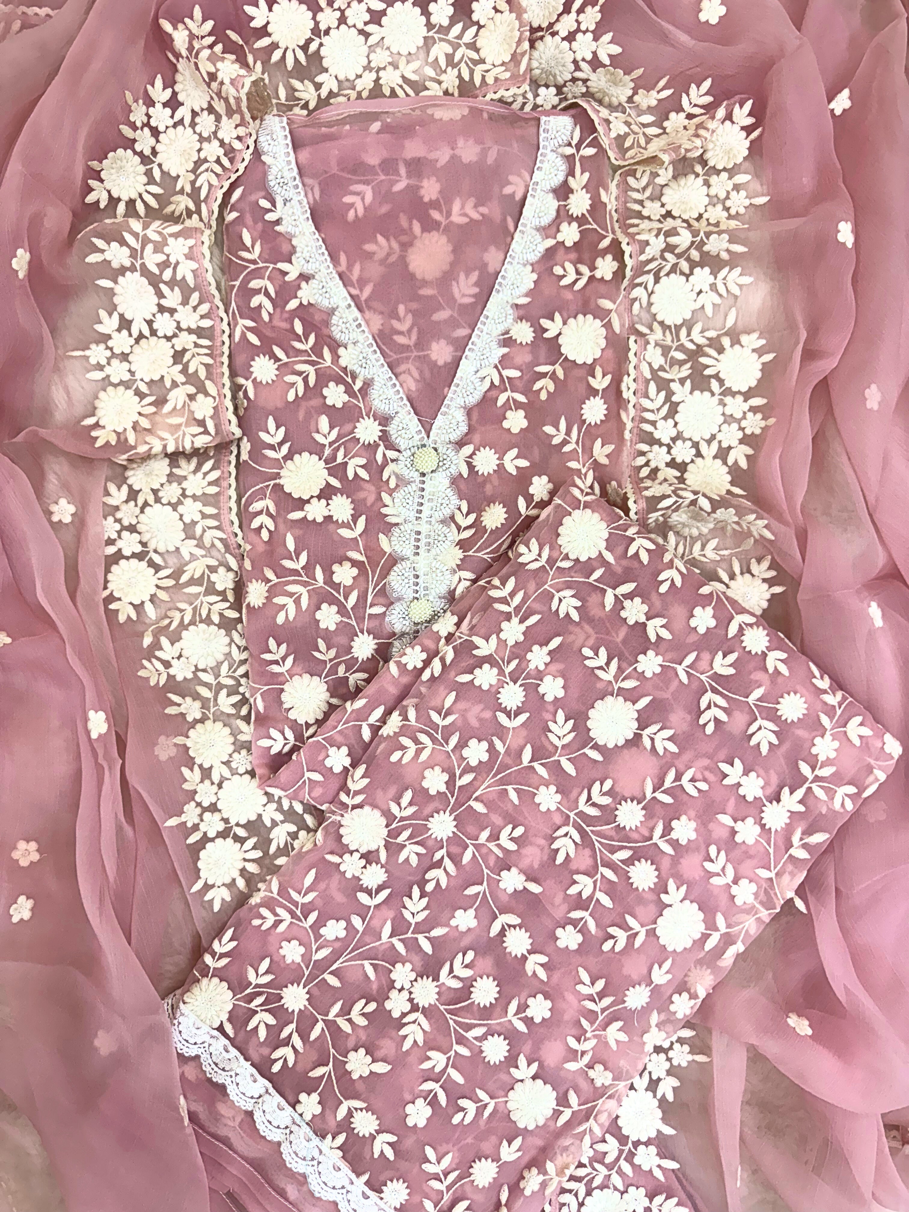 Soft chiffon unstitched suit with ivory thread embroidery
