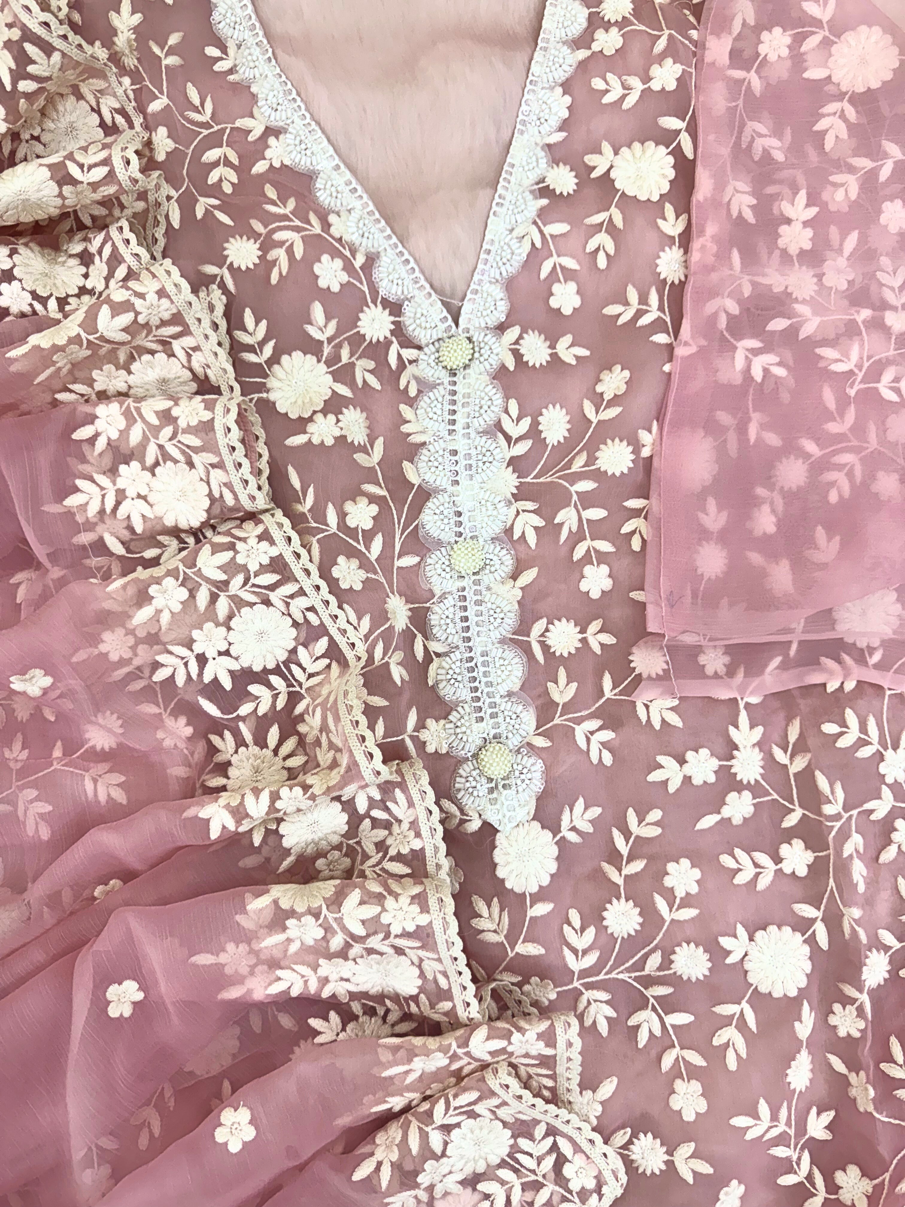 Soft chiffon unstitched suit with ivory thread embroidery