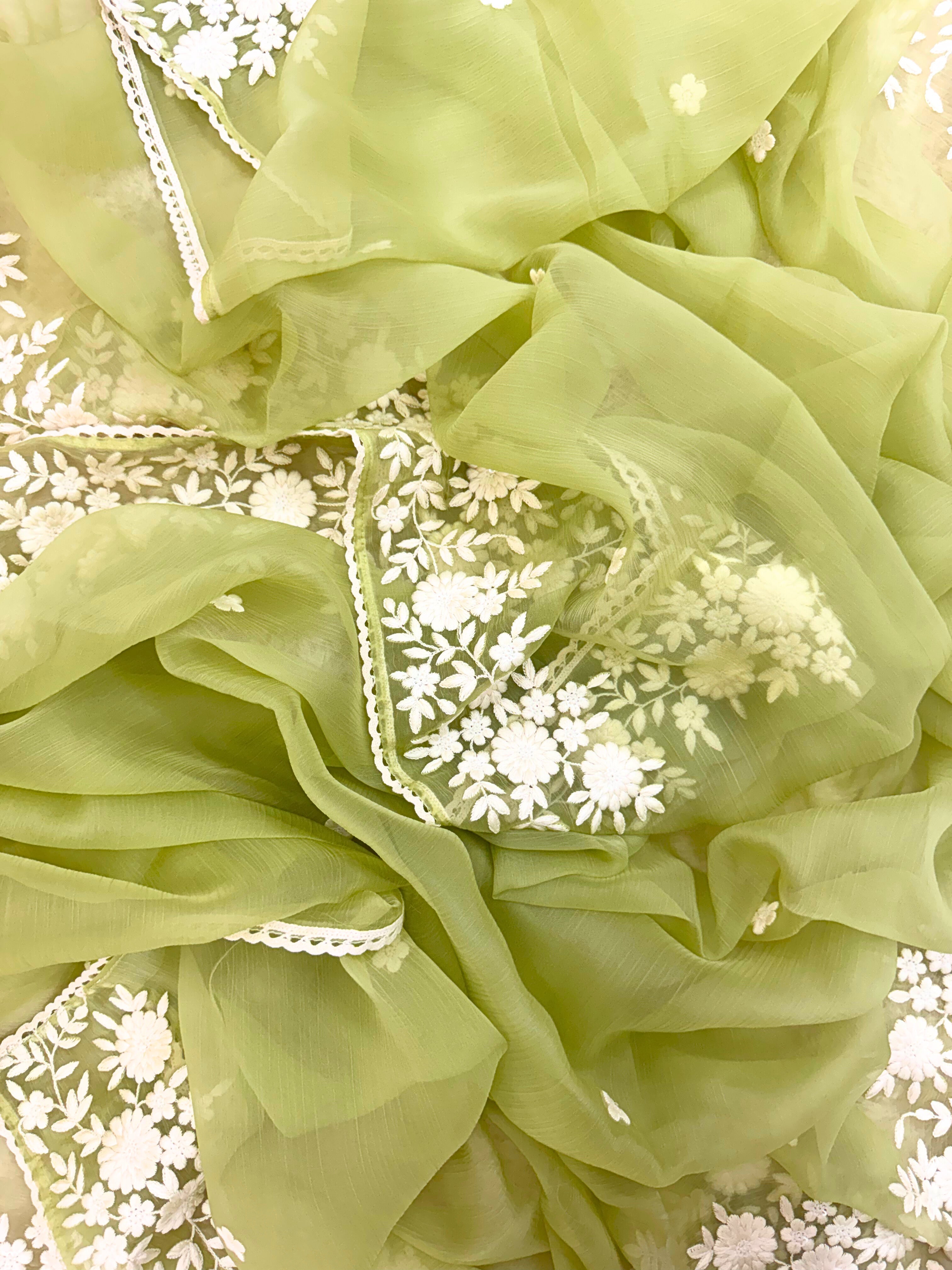 Soft chiffon unstitched suit with ivory thread embroidery