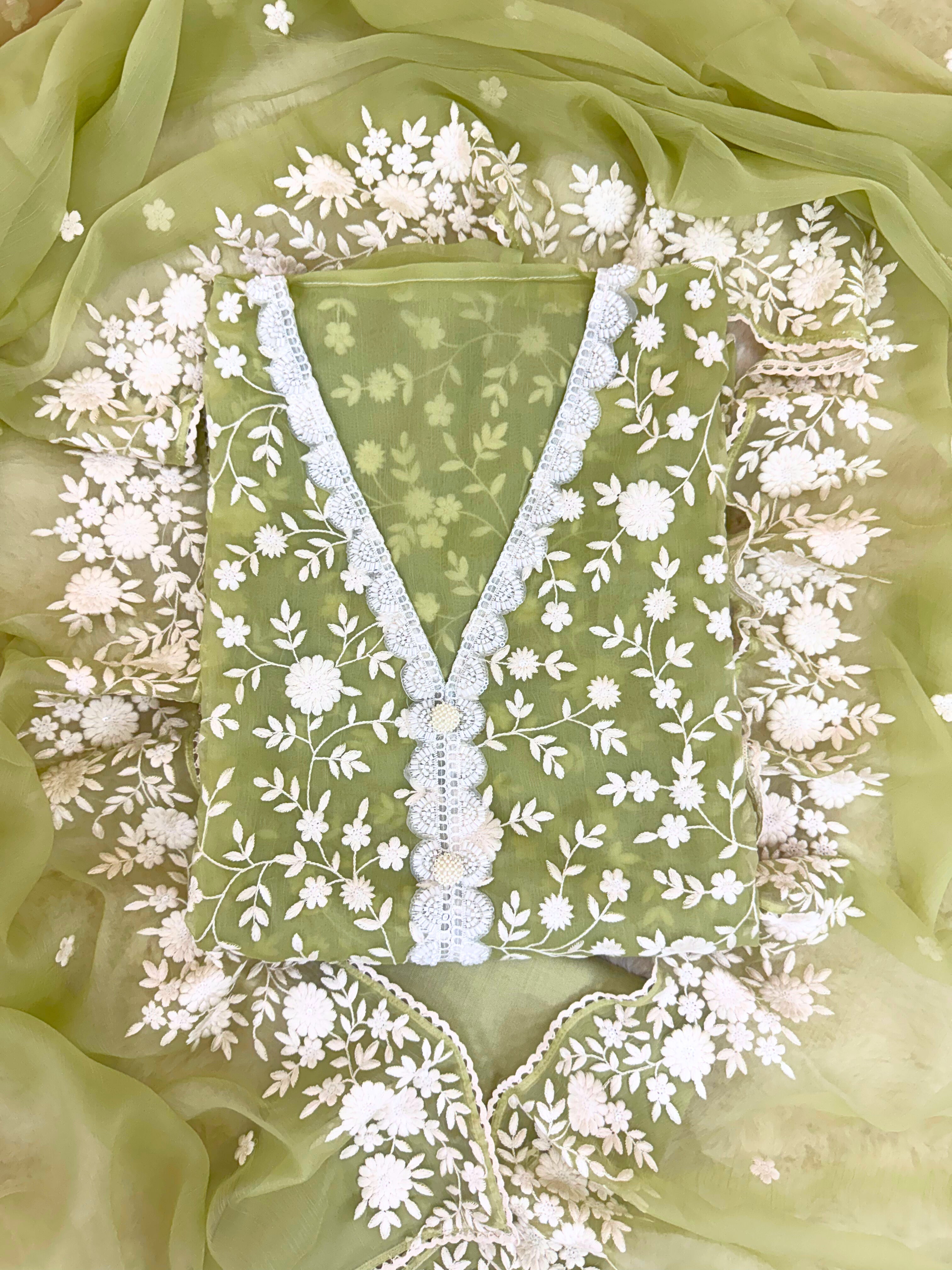 Soft chiffon unstitched suit with ivory thread embroidery