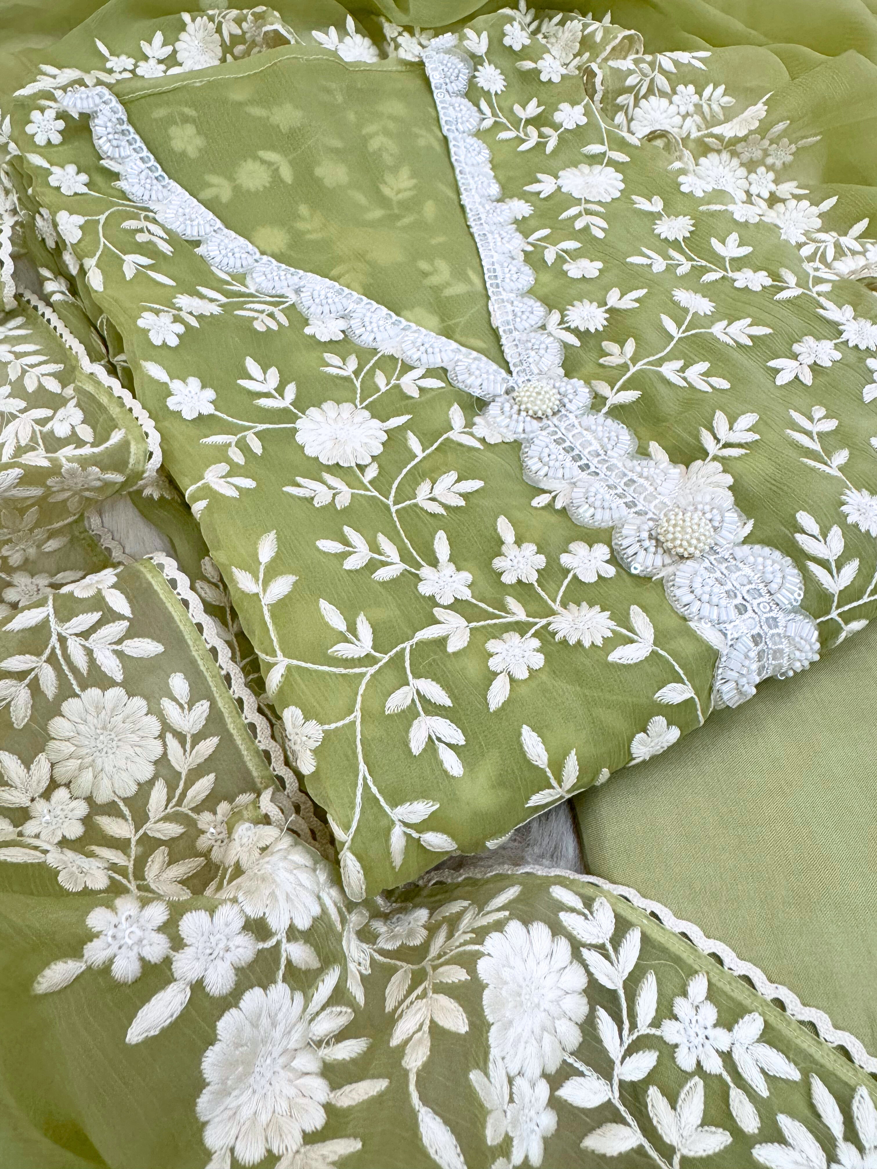 Soft chiffon unstitched suit with ivory thread embroidery