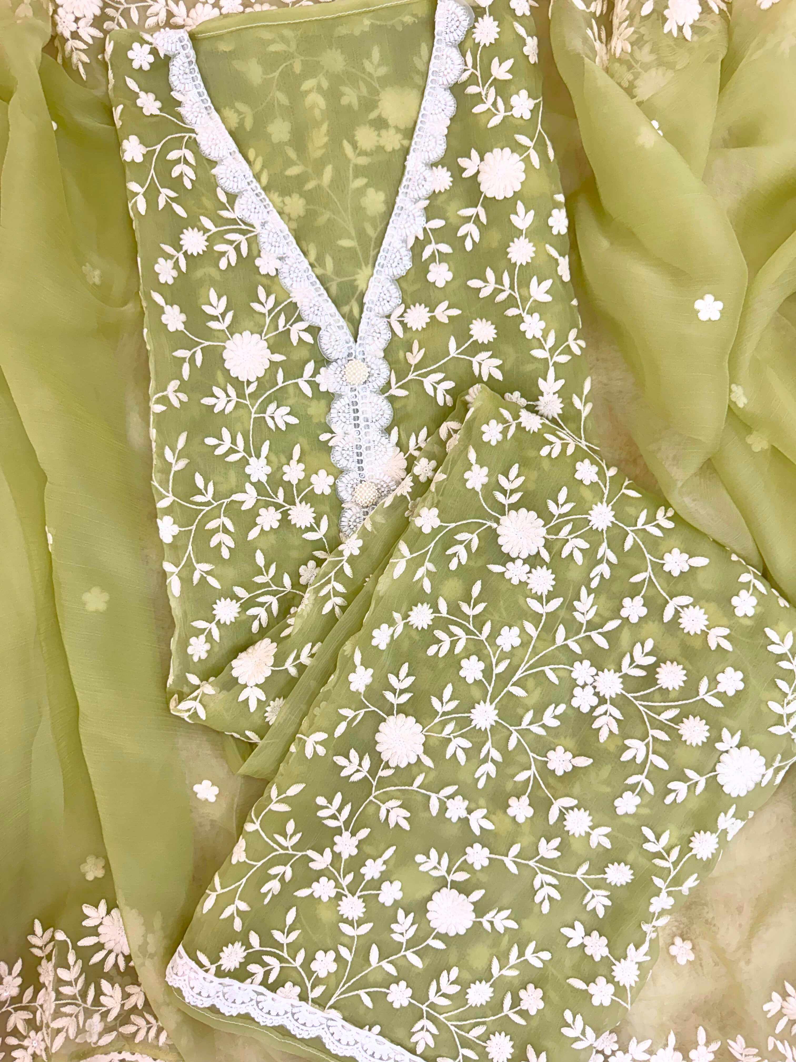 Soft chiffon unstitched suit with ivory thread embroidery