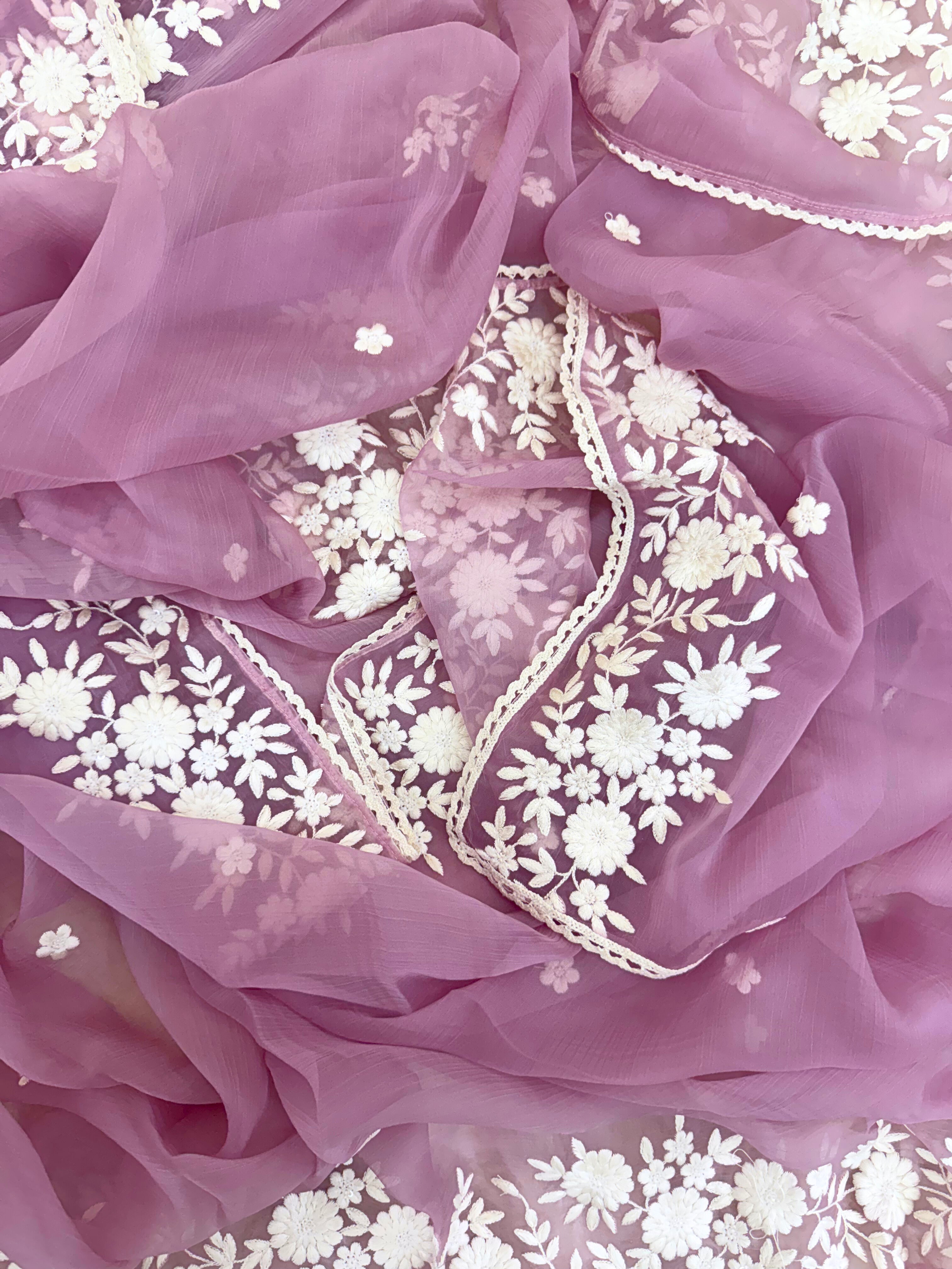 Soft chiffon unstitched suit with ivory thread embroidery