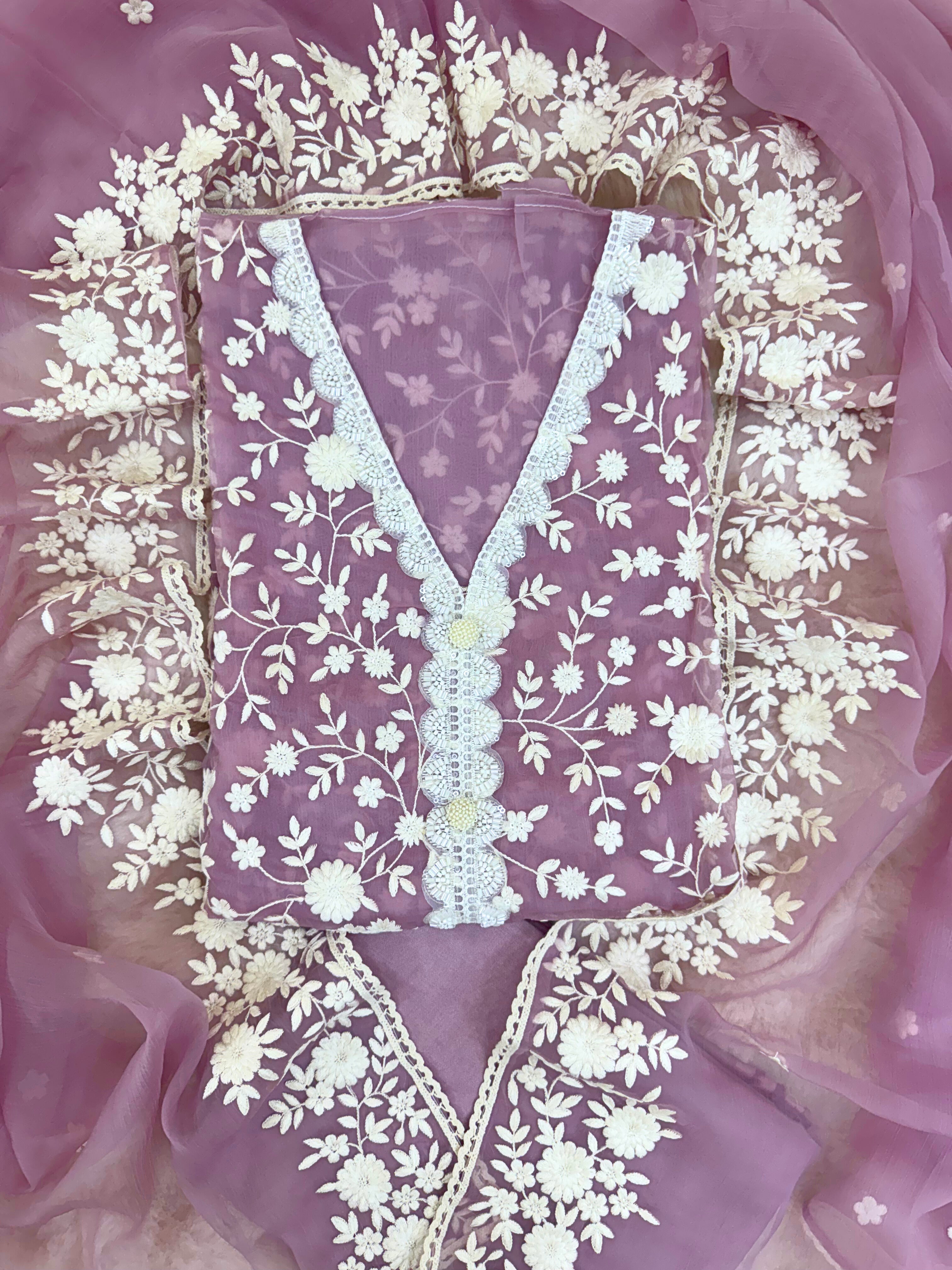 Soft chiffon unstitched suit with ivory thread embroidery